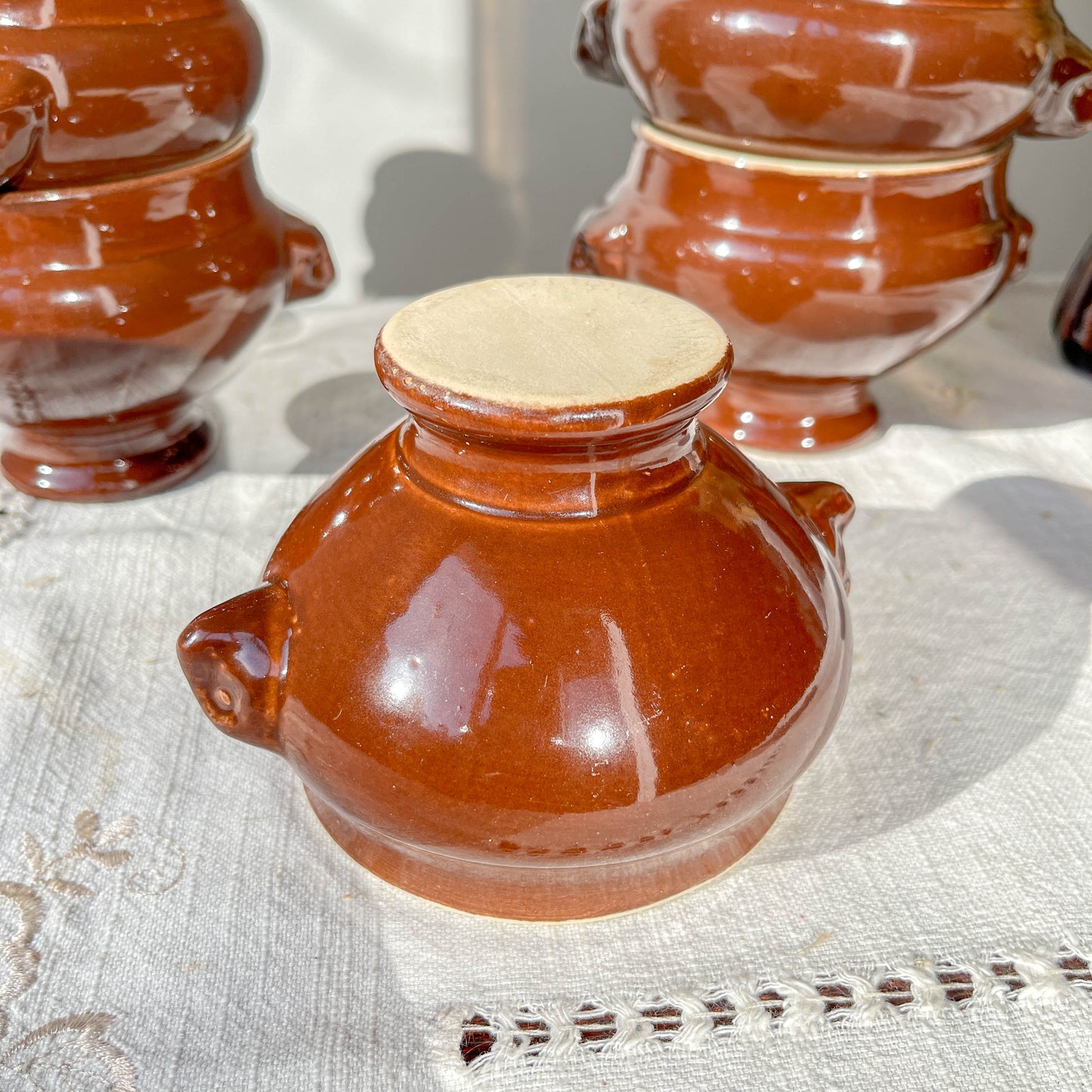 7 Bols à Soupe à l'Oignon Tête de Lion en Céramique Vintage Emile Henry - Marron, Made in France