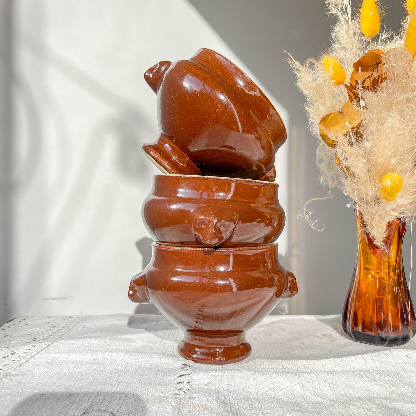 7 Bols à Soupe à l'Oignon Tête de Lion en Céramique Vintage Emile Henry - Marron, Made in France