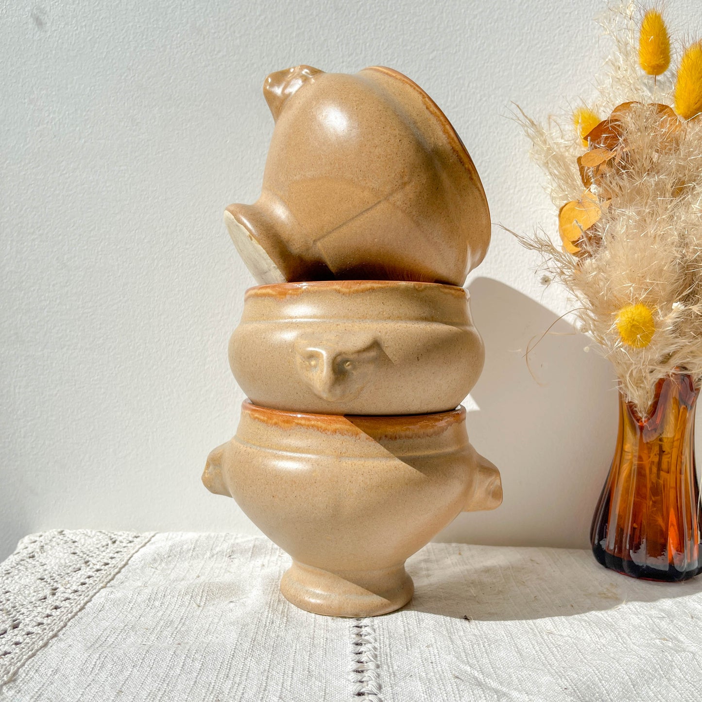 6 Bols à Soupe à l'Oignon Tête de Lion en Céramique Vintage Emile Henry - Beige et miel, Made in France