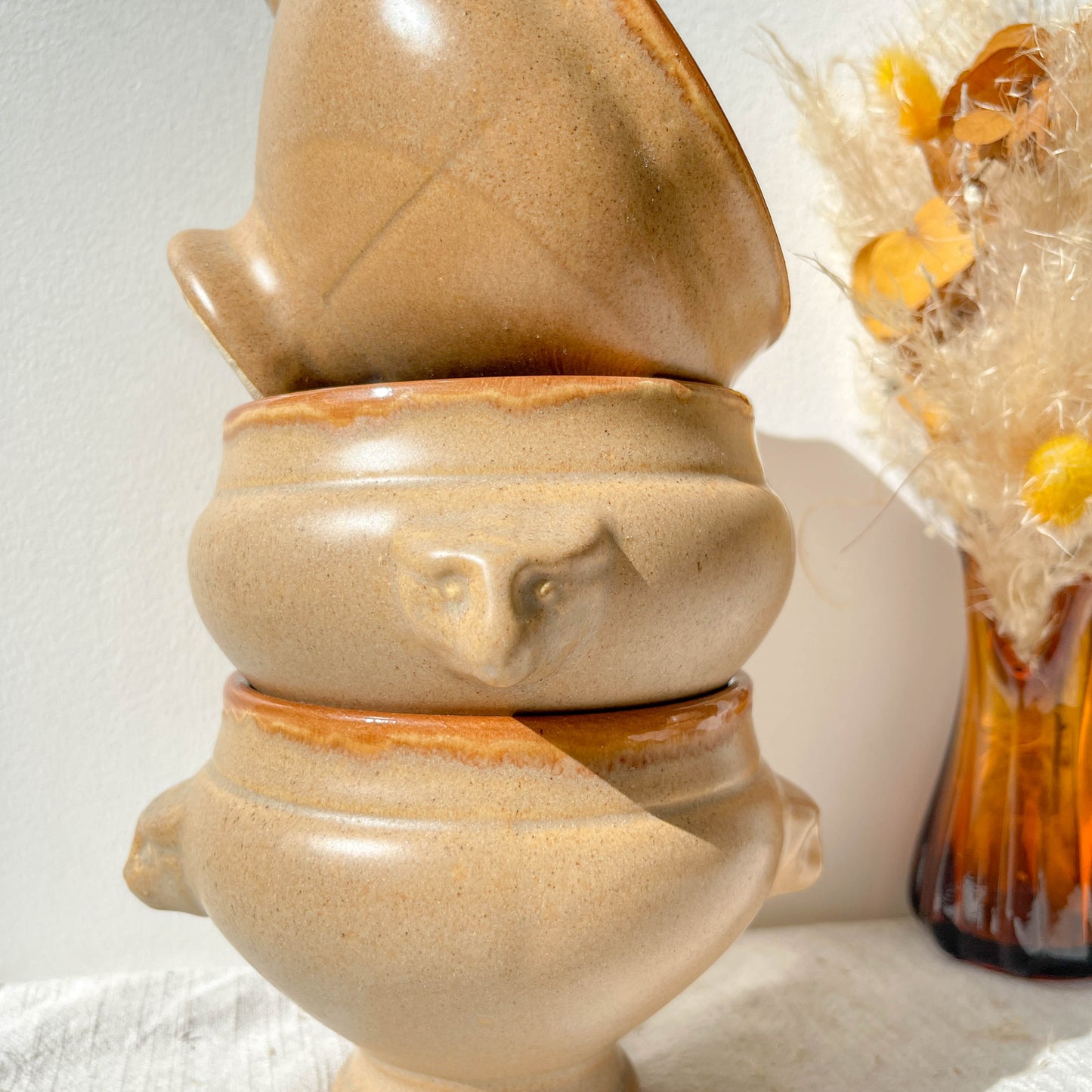 6 Bols à Soupe à l'Oignon Tête de Lion en Céramique Vintage Emile Henry - Beige et miel, Made in France