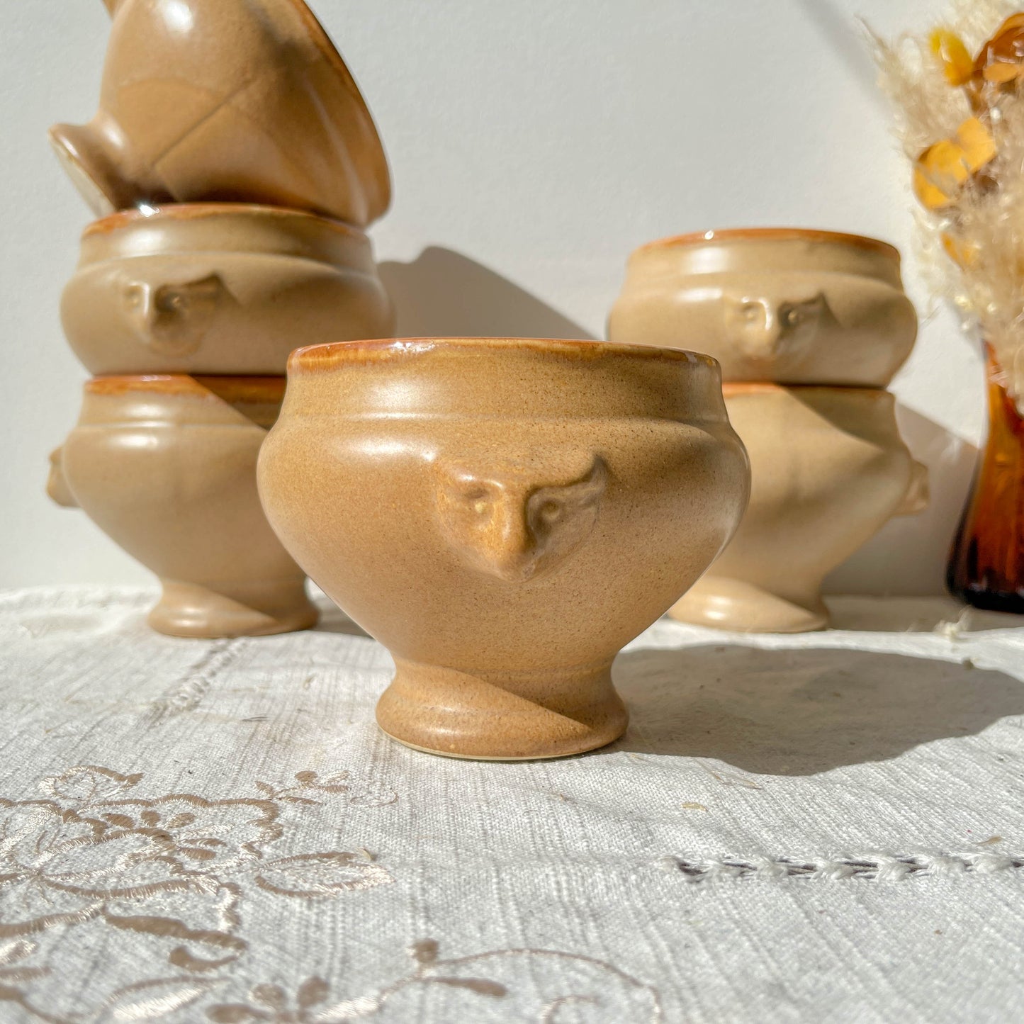 6 Bols à Soupe à l'Oignon Tête de Lion en Céramique Vintage Emile Henry - Beige et miel, Made in France
