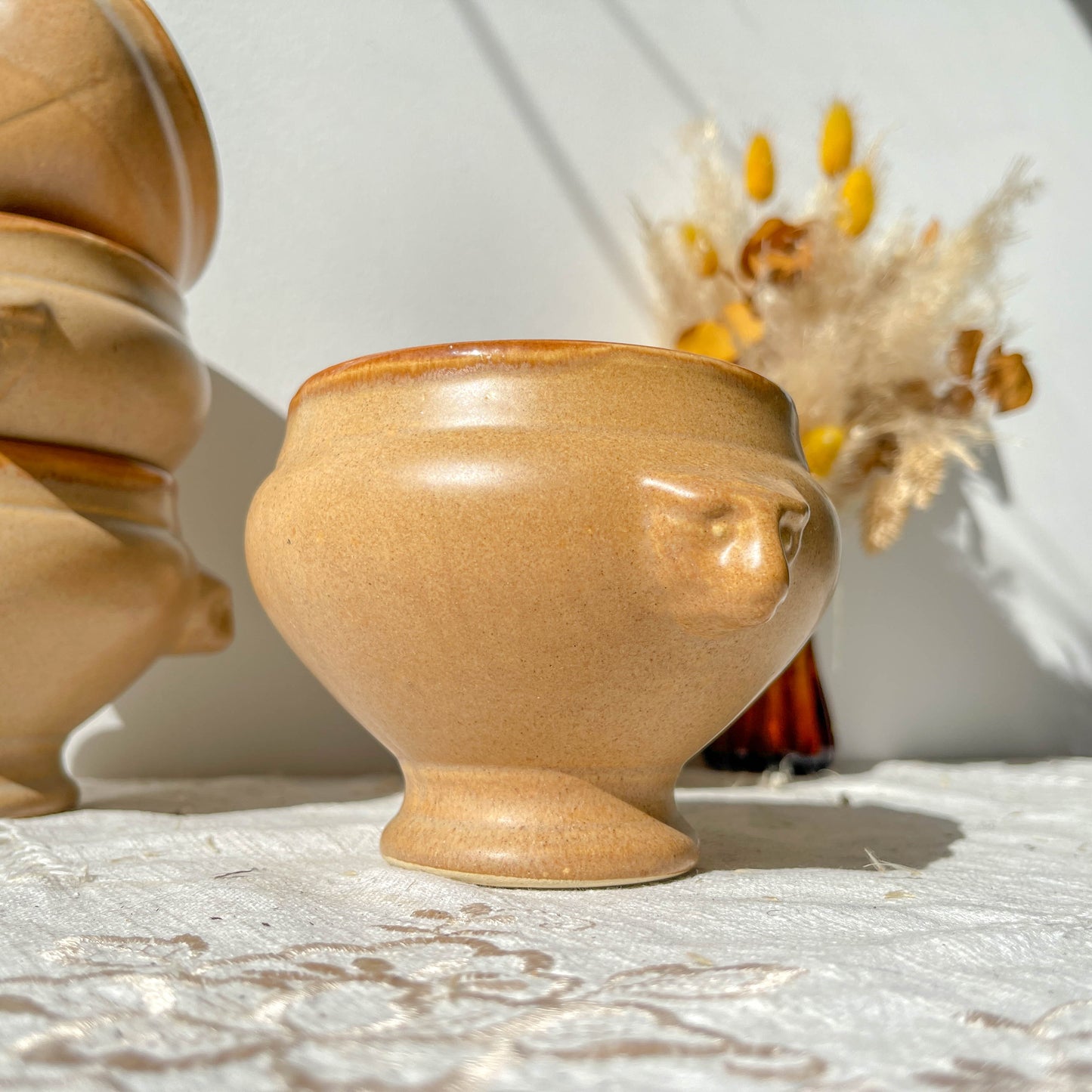 6 Bols à Soupe à l'Oignon Tête de Lion en Céramique Vintage Emile Henry - Beige et miel, Made in France