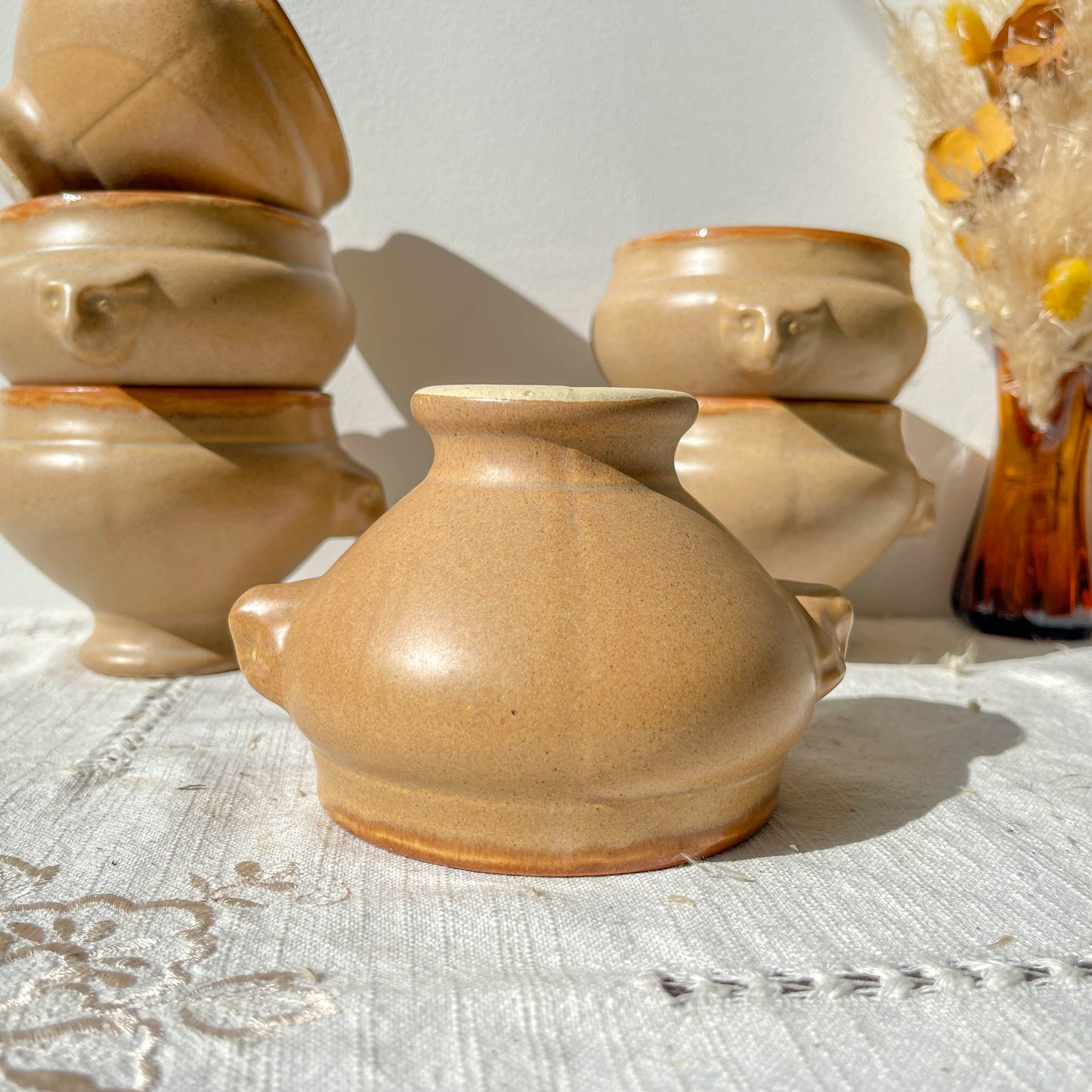 6 Bols à Soupe à l'Oignon Tête de Lion en Céramique Vintage Emile Henry - Beige et miel, Made in France