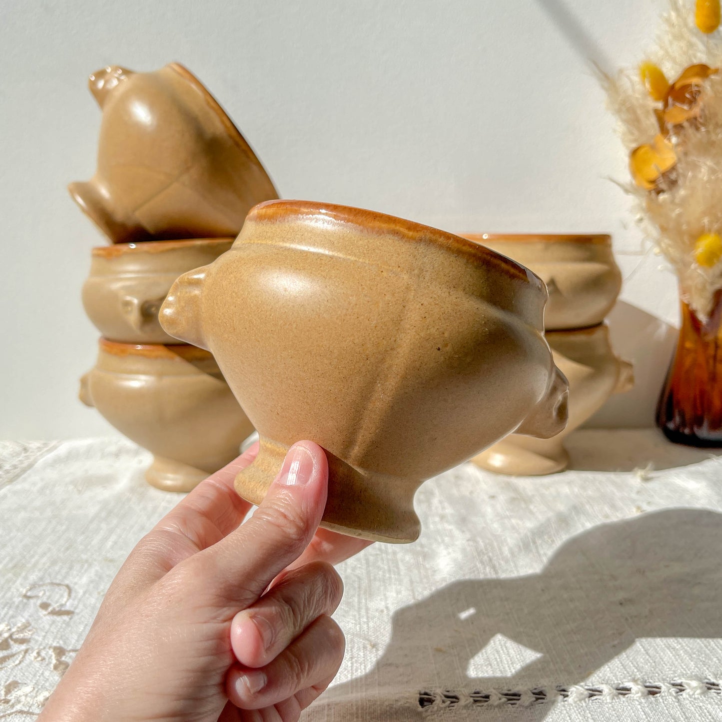 6 Bols à Soupe à l'Oignon Tête de Lion en Céramique Vintage Emile Henry - Beige et miel, Made in France