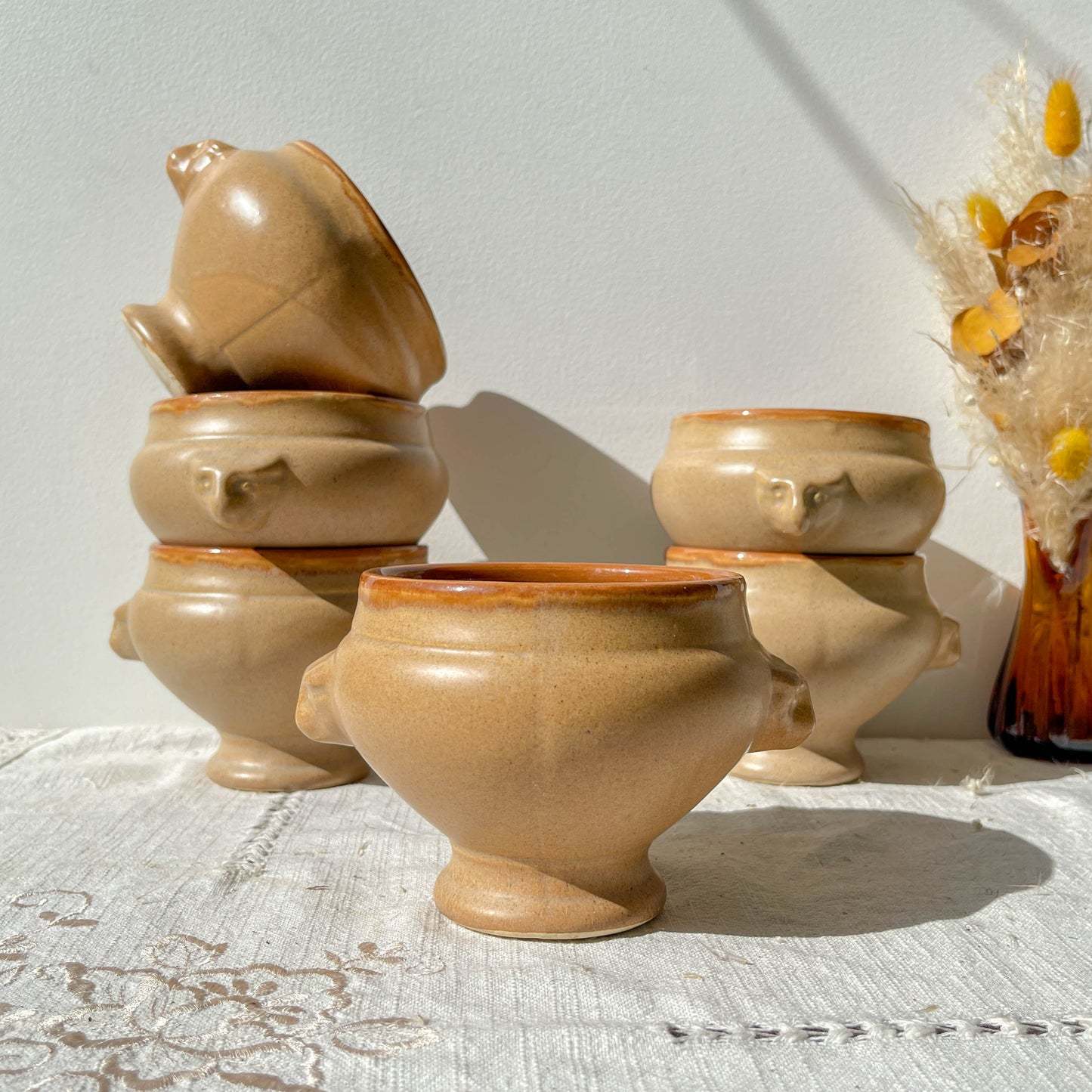 6 Bols à Soupe à l'Oignon Tête de Lion en Céramique Vintage Emile Henry - Beige et miel, Made in France