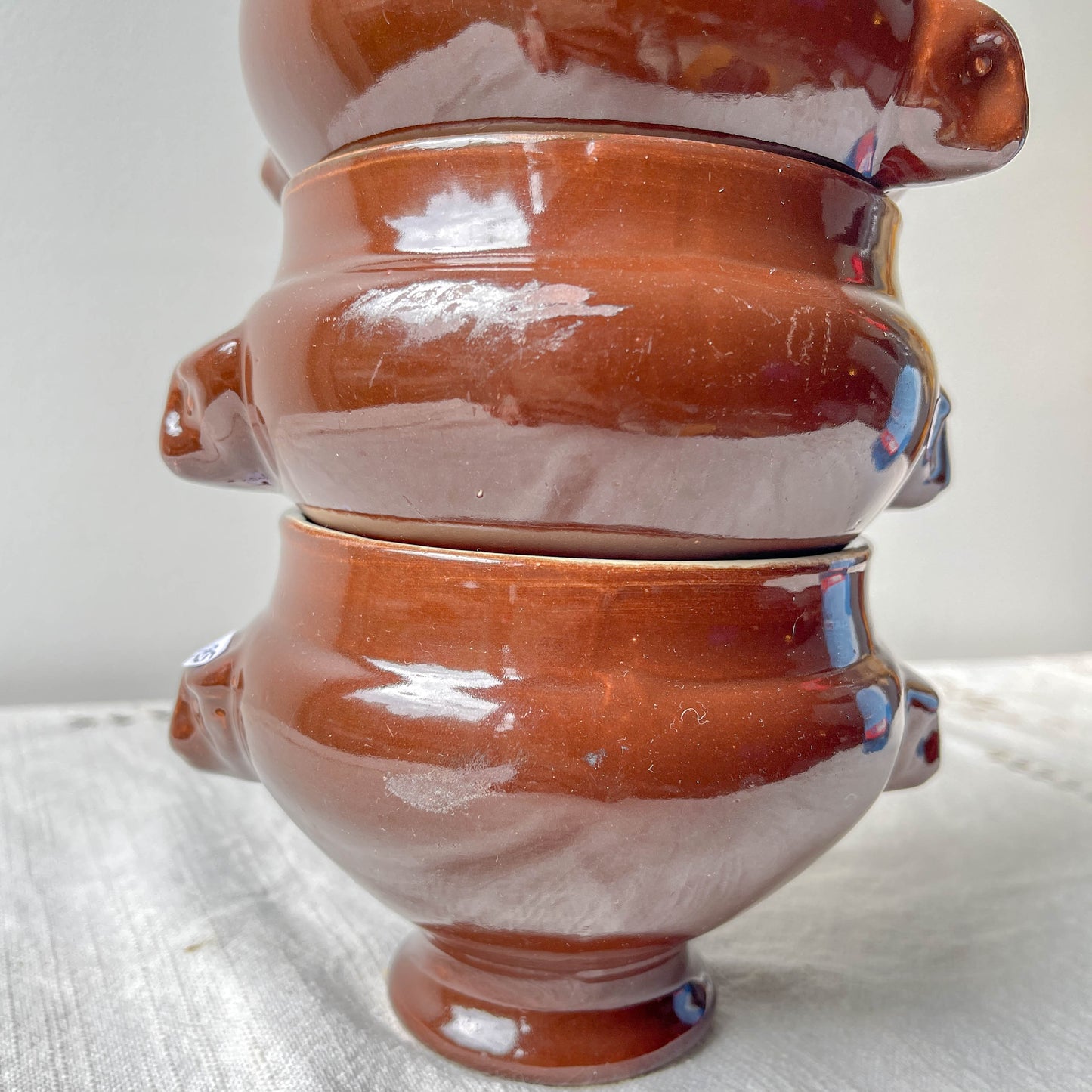 7 Bols à Soupe à l'Oignon Tête de Lion en Céramique Vintage Emile Henry - Marron, Made in France