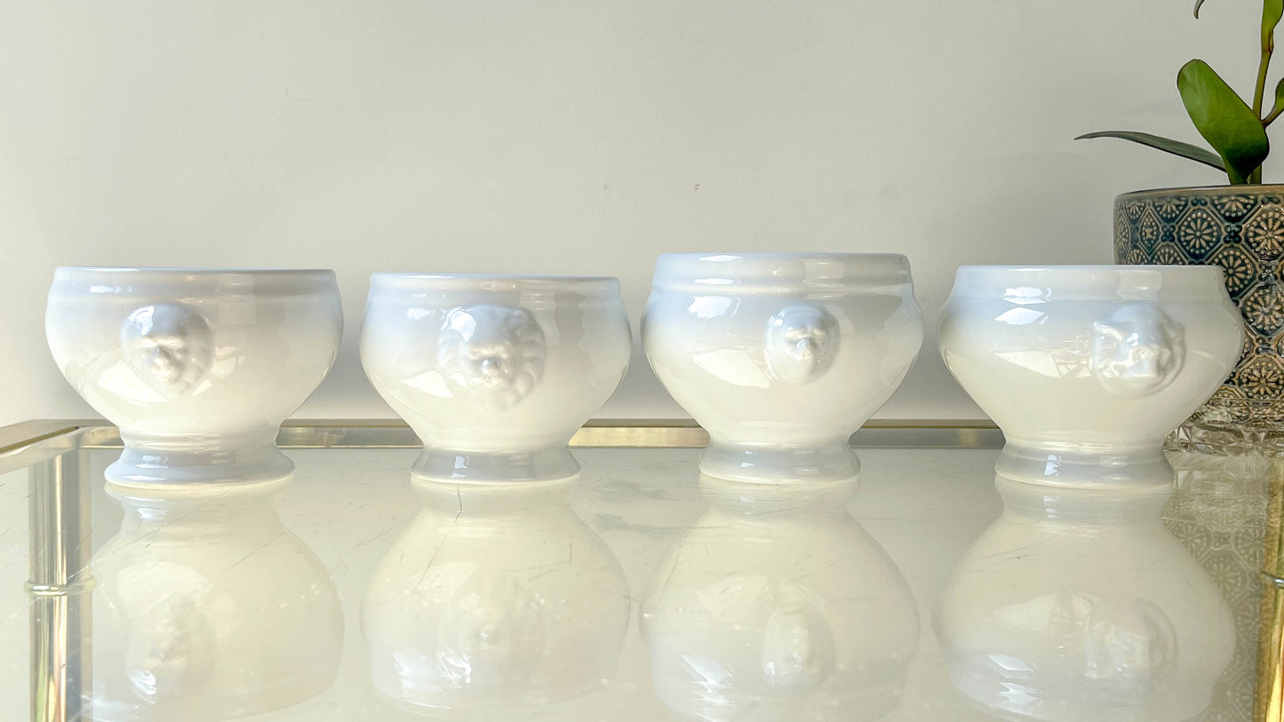 6 Bols à Soupe à l'Oignon Tête de Lion en Porcelaine Vintage dépareillés - Blanc, Made in France