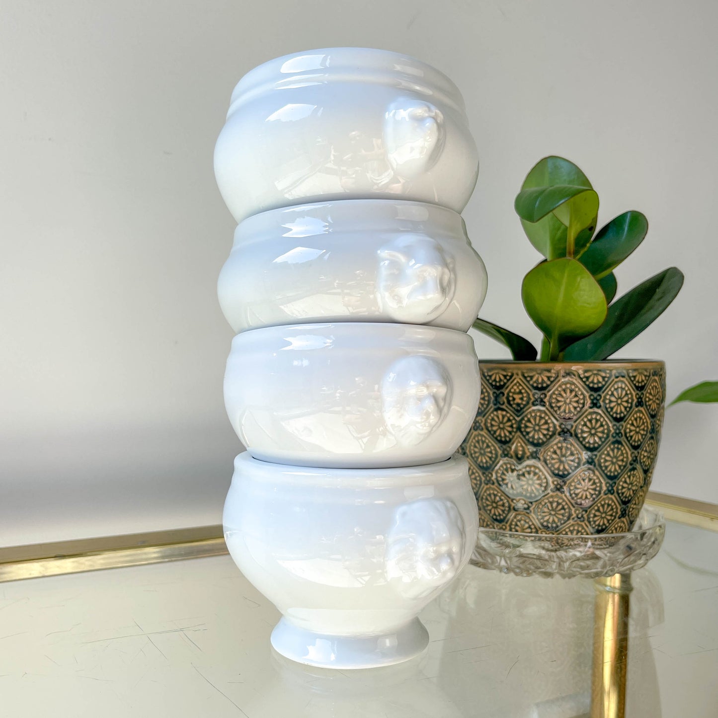 6 Bols à Soupe à l'Oignon Tête de Lion en Porcelaine Vintage dépareillés - Blanc, Made in France