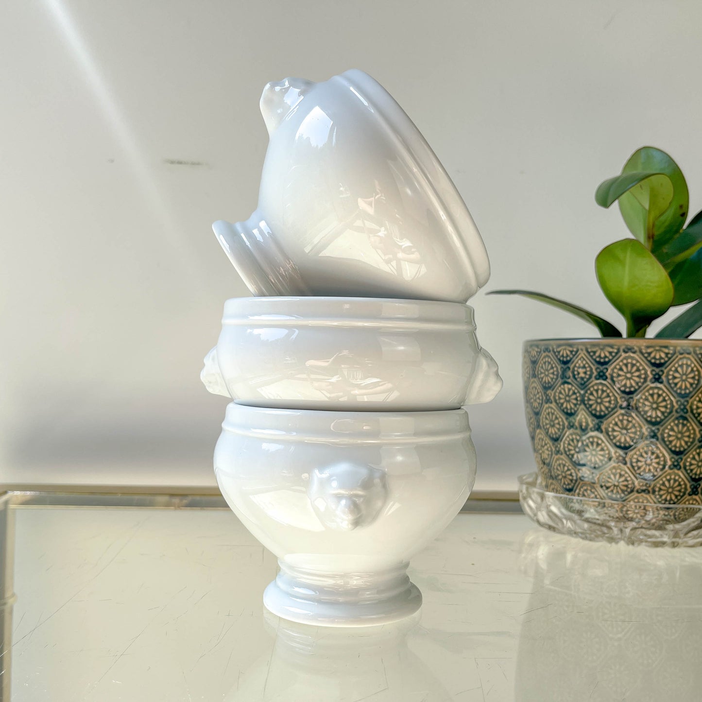 6 Bols à Soupe à l'Oignon Tête de Lion en Porcelaine Vintage dépareillés - Blanc, Made in France