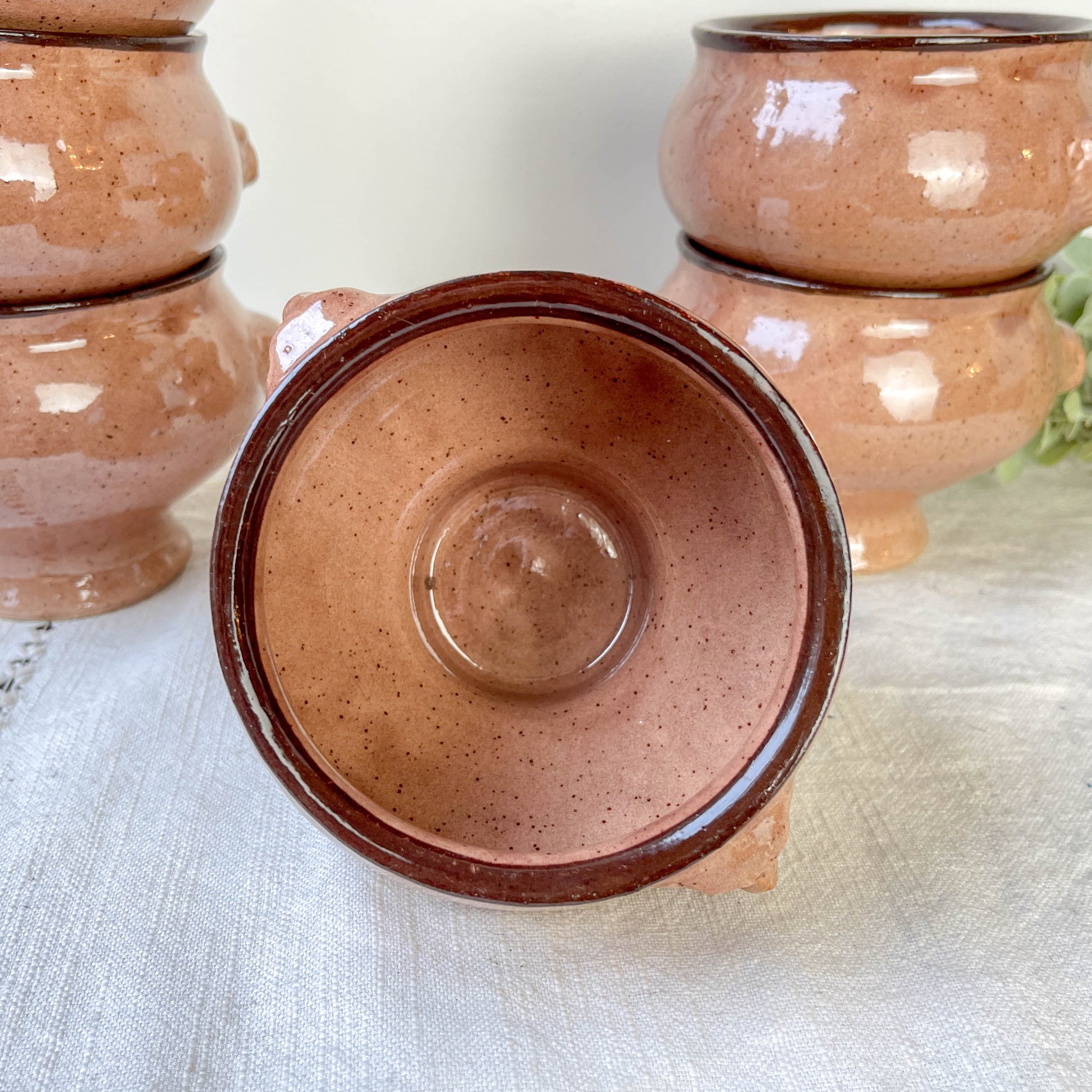 6 Bols à Soupe à l'Oignon Tête de Lion en Céramique Vintage Emile Henry - Beige moucheté , Made in France
