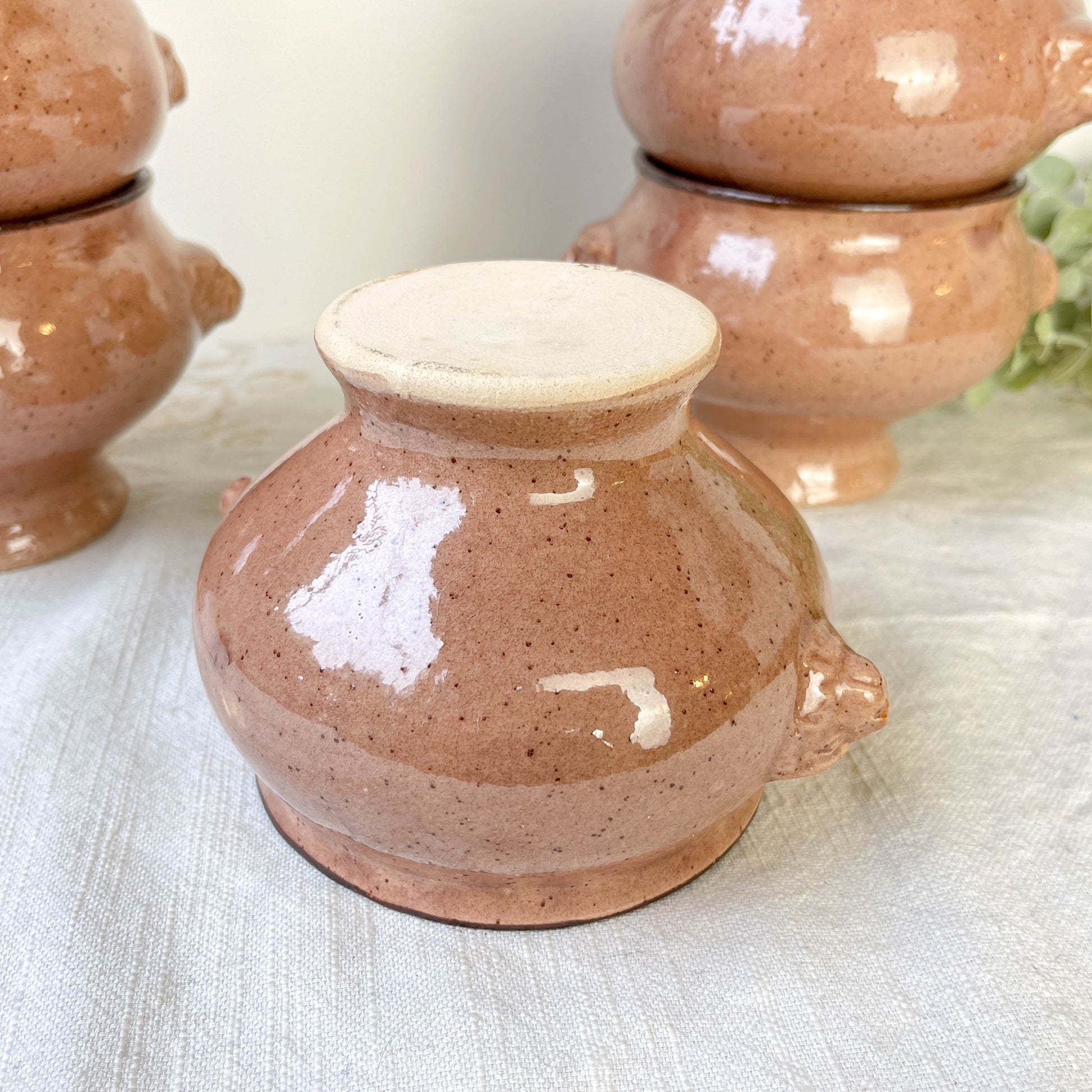 6 Bols à Soupe à l'Oignon Tête de Lion en Céramique Vintage Emile Henry - Beige moucheté , Made in France