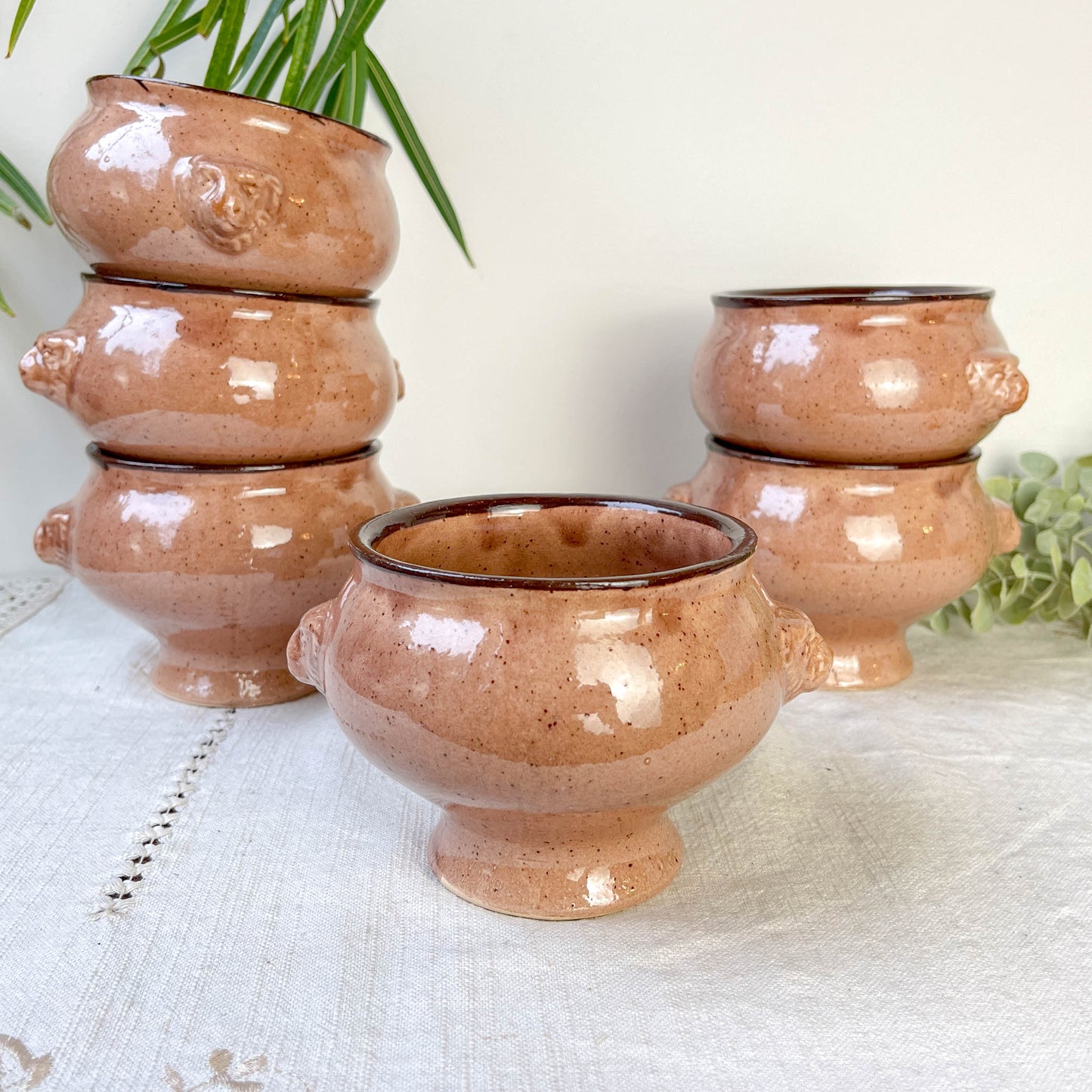 6 Bols à Soupe à l'Oignon Tête de Lion en Céramique Vintage Emile Henry - Beige moucheté , Made in France