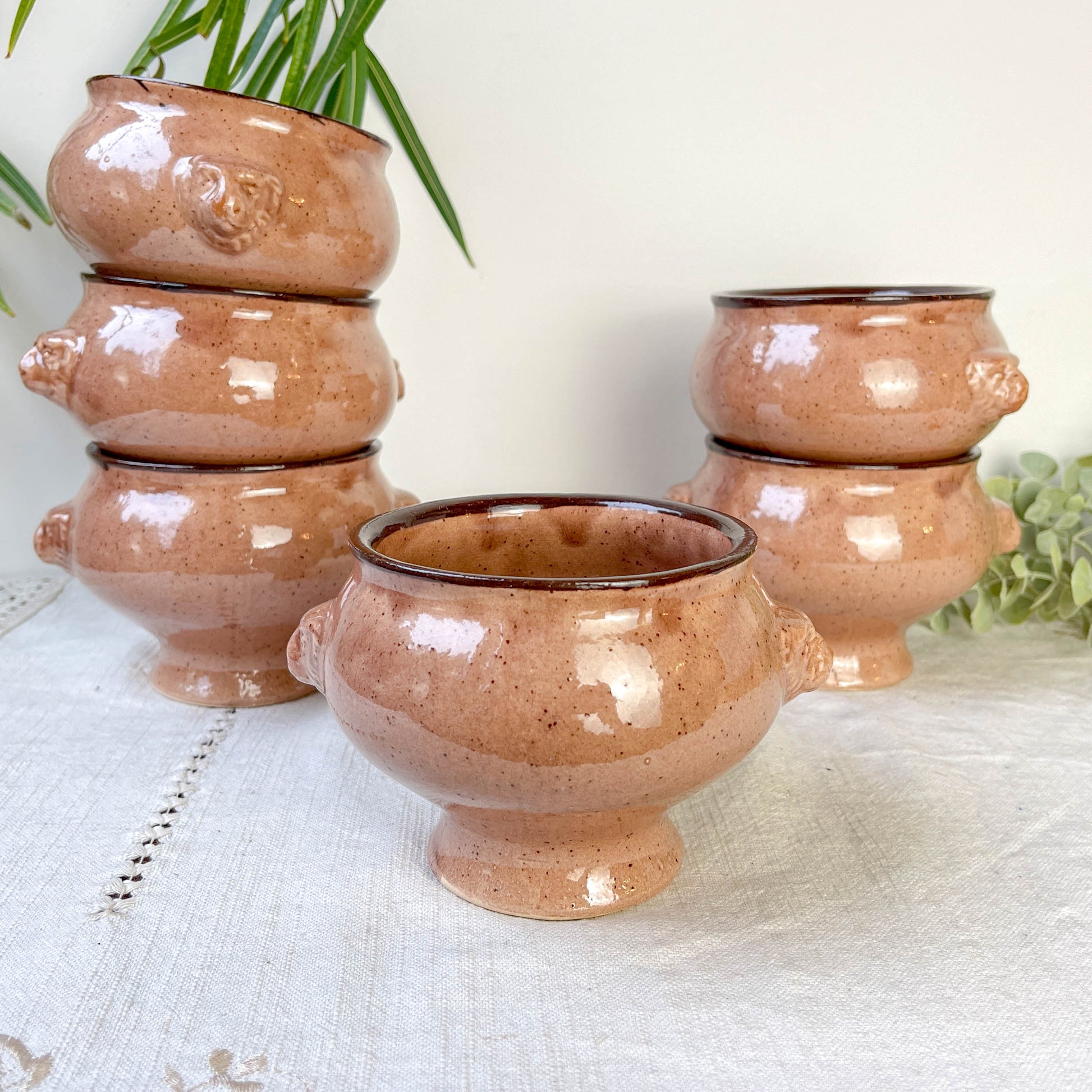 6 Bols à Soupe à l'Oignon Tête de Lion en Céramique Vintage Emile Henry - Beige moucheté , Made in France