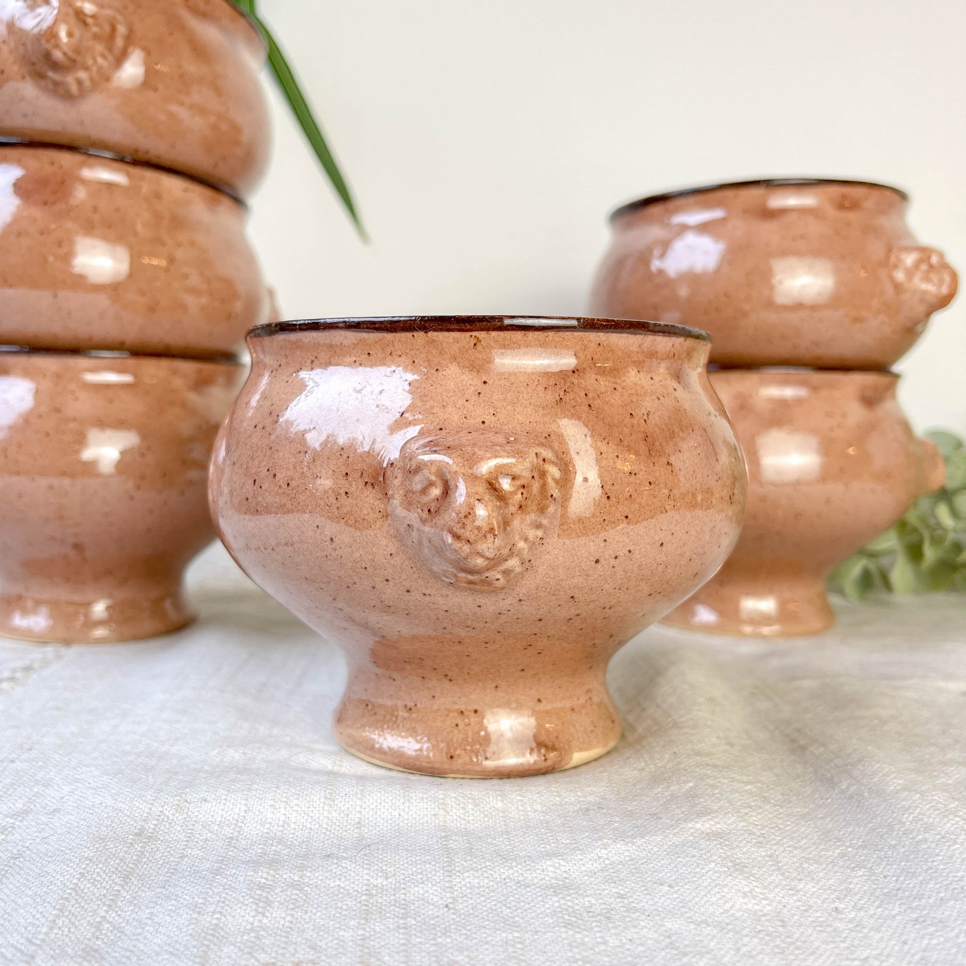 6 Bols à Soupe à l'Oignon Tête de Lion en Céramique Vintage Emile Henry - Beige moucheté , Made in France