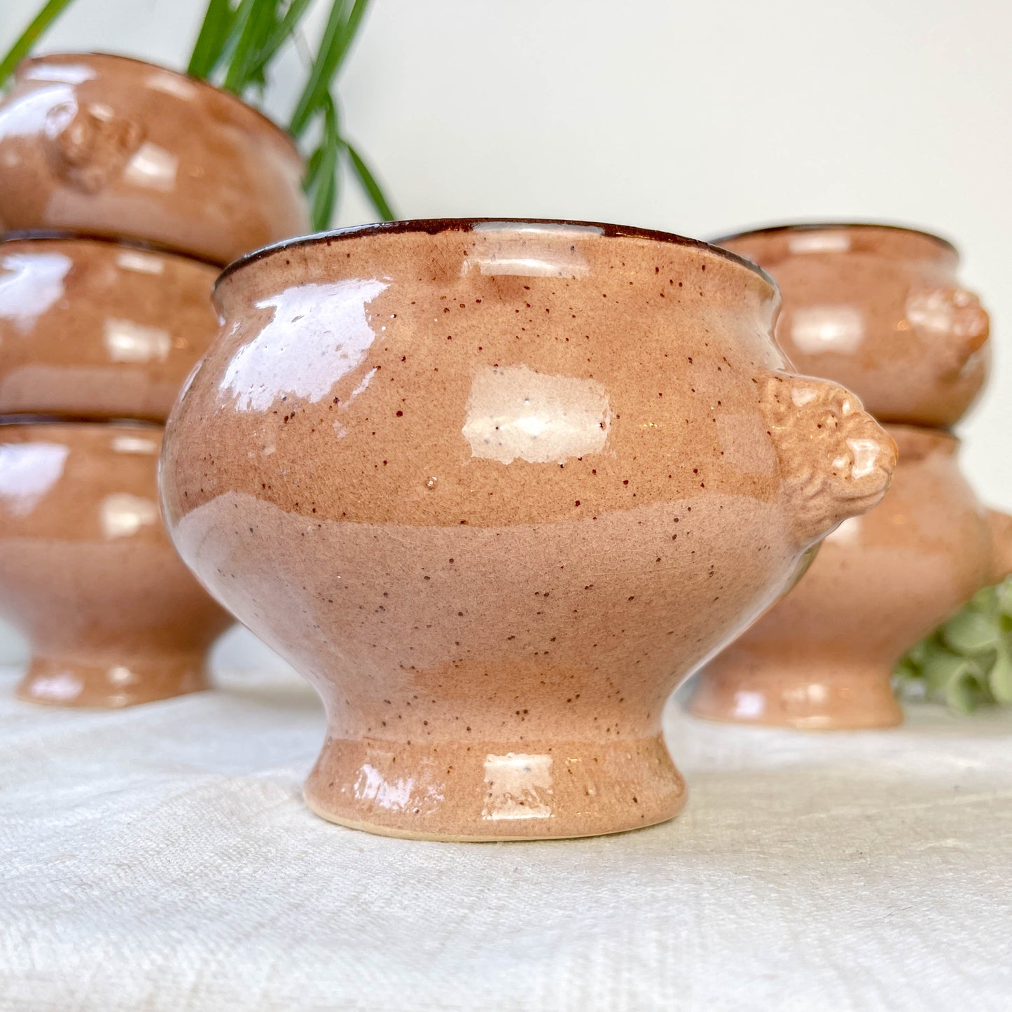6 Bols à Soupe à l'Oignon Tête de Lion en Céramique Vintage Emile Henry - Beige moucheté , Made in France