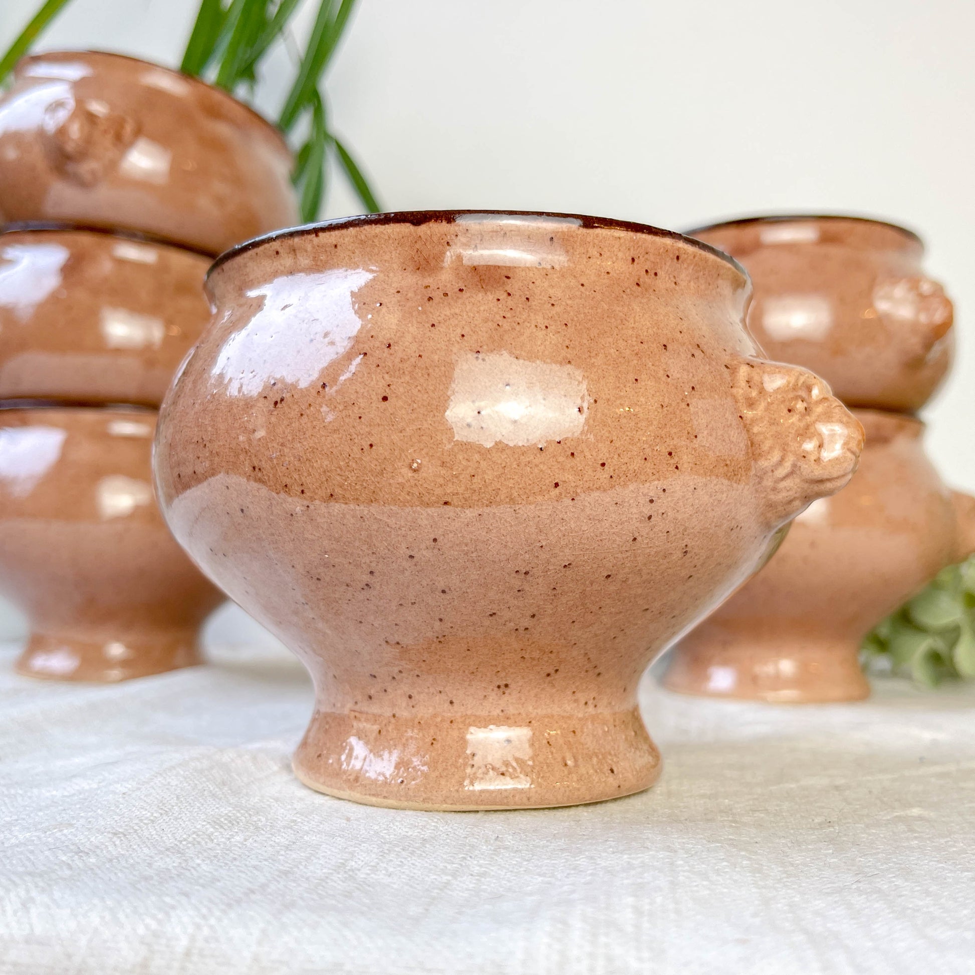 6 Bols à Soupe à l'Oignon Tête de Lion en Céramique Vintage Emile Henry - Beige moucheté , Made in France
