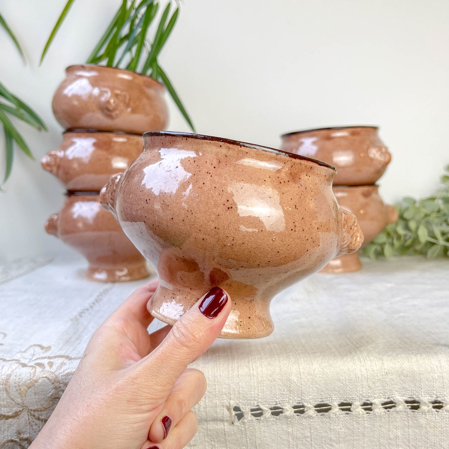 6 Bols à Soupe à l'Oignon Tête de Lion en Céramique Vintage Emile Henry - Beige moucheté , Made in France