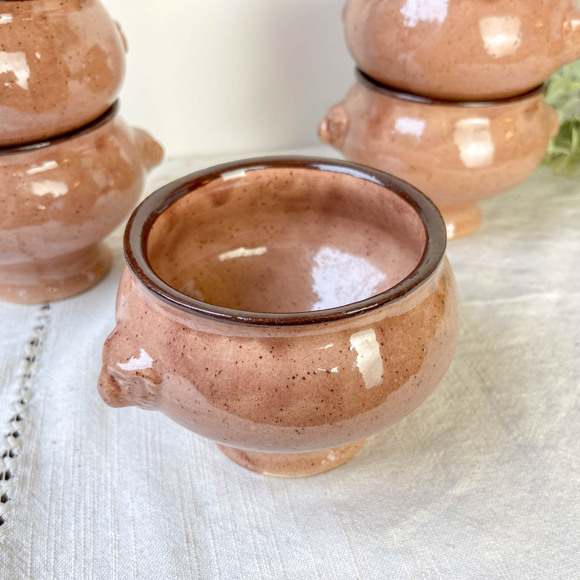 6 Bols à Soupe à l'Oignon Tête de Lion en Céramique Vintage Emile Henry - Beige moucheté , Made in France