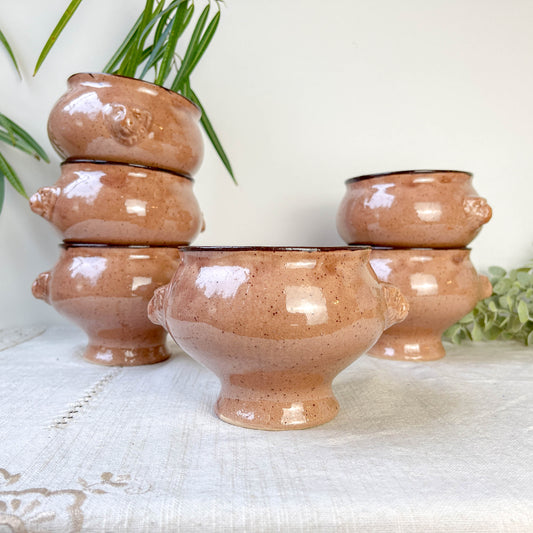 6 Bols à Soupe à l'Oignon Tête de Lion en Céramique Vintage Emile Henry - Beige moucheté , Made in France