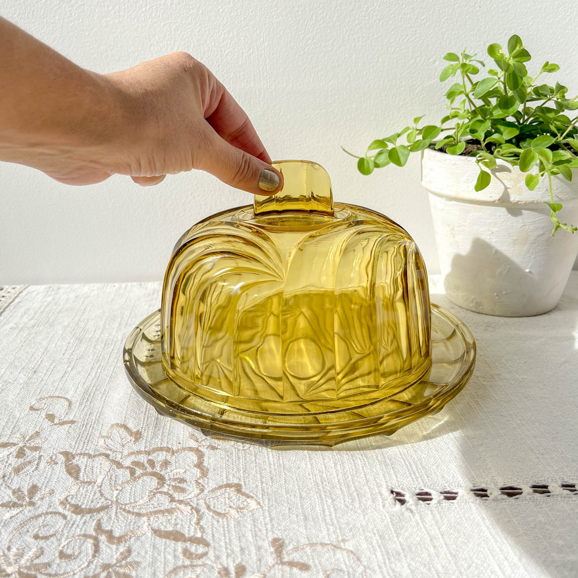 Cloche à fromage en verre ambré vintage – Made in France – Plateau à fromage rétro