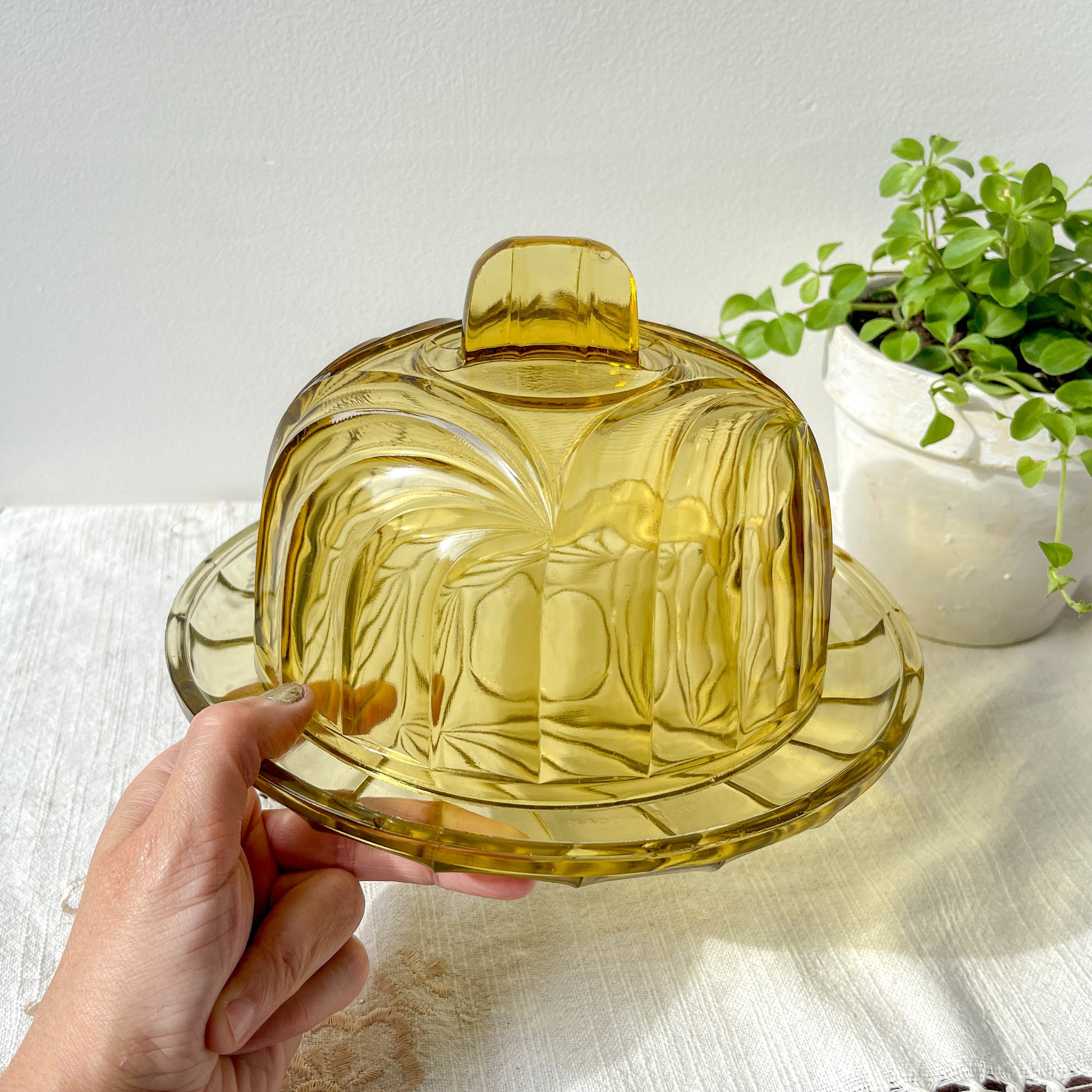 Cloche à fromage en verre ambré vintage – Made in France – Plateau à fromage rétro