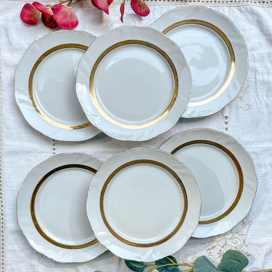 6 Assiettes plates vintage en porcelaine blanche et dorée Limoge france ADP "Ariane" – Vaisselle ancienne Française élégante