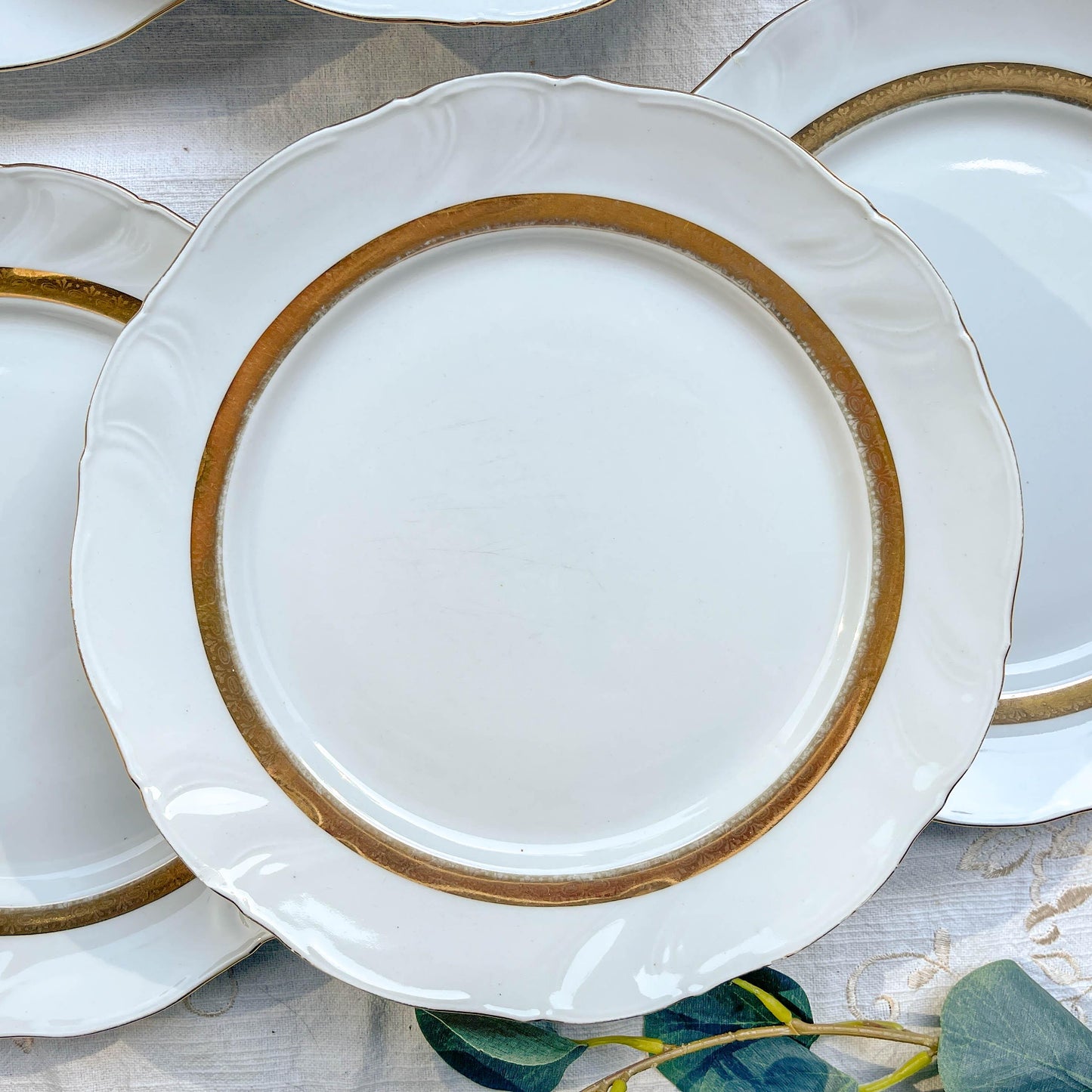 6 Assiettes plates vintage en porcelaine blanche et dorée Limoge france ADP "Ariane" – Vaisselle ancienne Française élégante