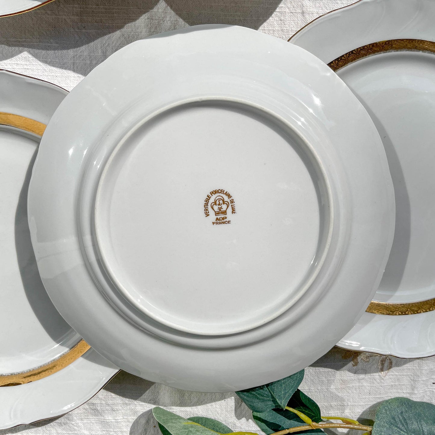 6 Assiettes plates vintage en porcelaine blanche et dorée Limoge france ADP "Ariane" – Vaisselle ancienne Française élégante