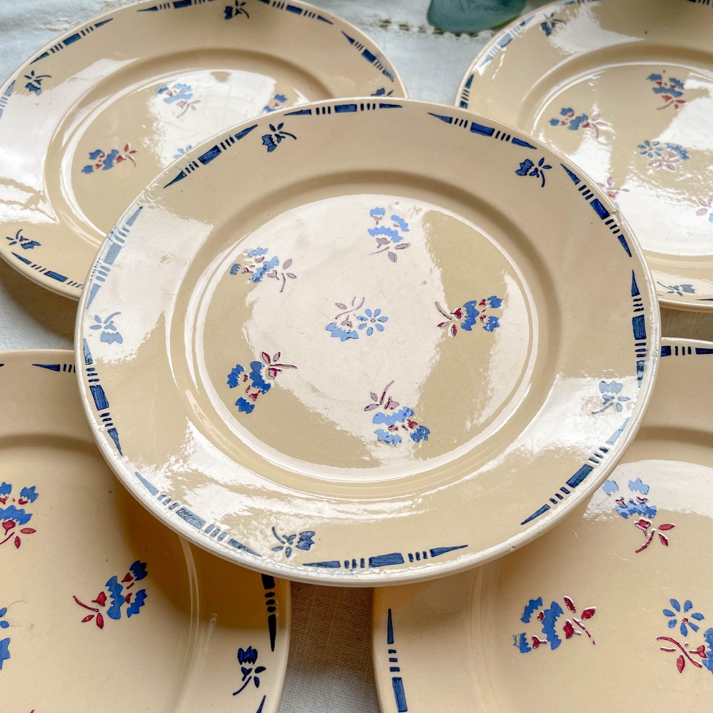 Lot de 5 petites assiettes en porcelaine vintage K&G Lunéville "Flore" des années 1950, décor fleuri bleu