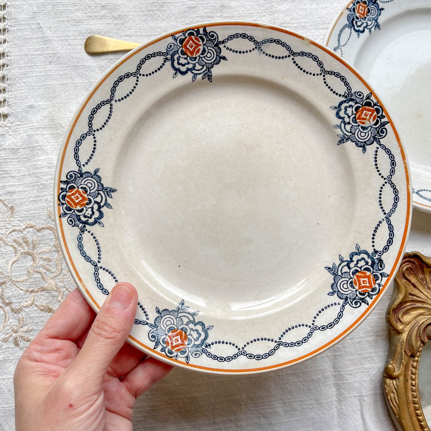 6 Petites assiettes vintage dépareillées bleues orange - L’Amandinoise - Luneville - Emile Bourgeois