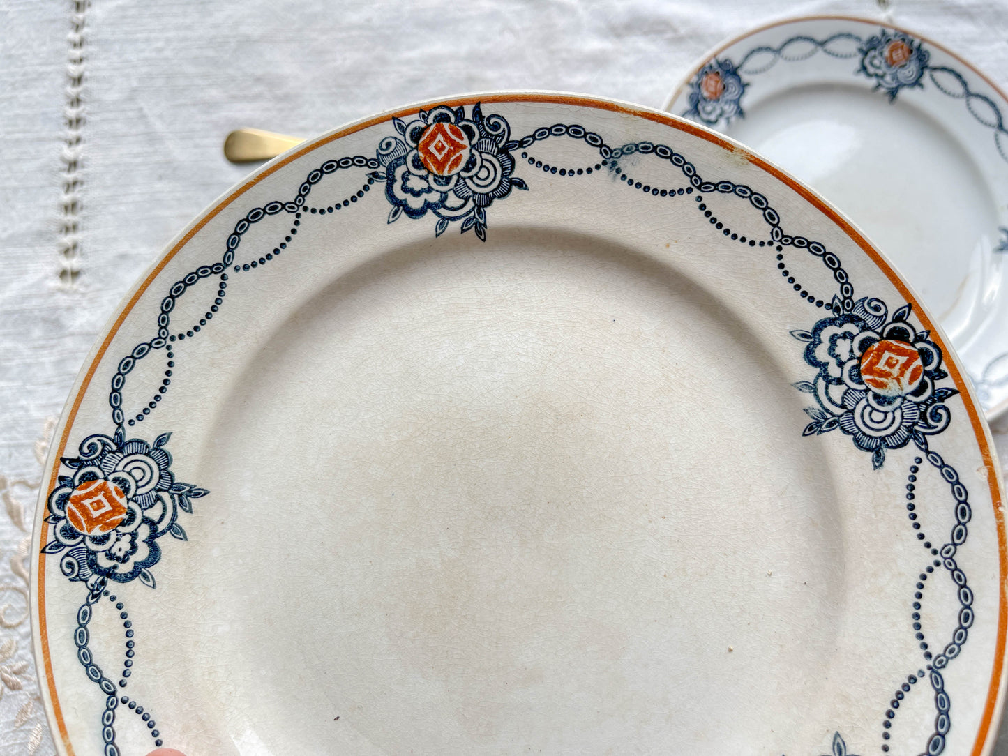 6 Petites assiettes vintage dépareillées bleues orange - L’Amandinoise - Luneville - Emile Bourgeois
