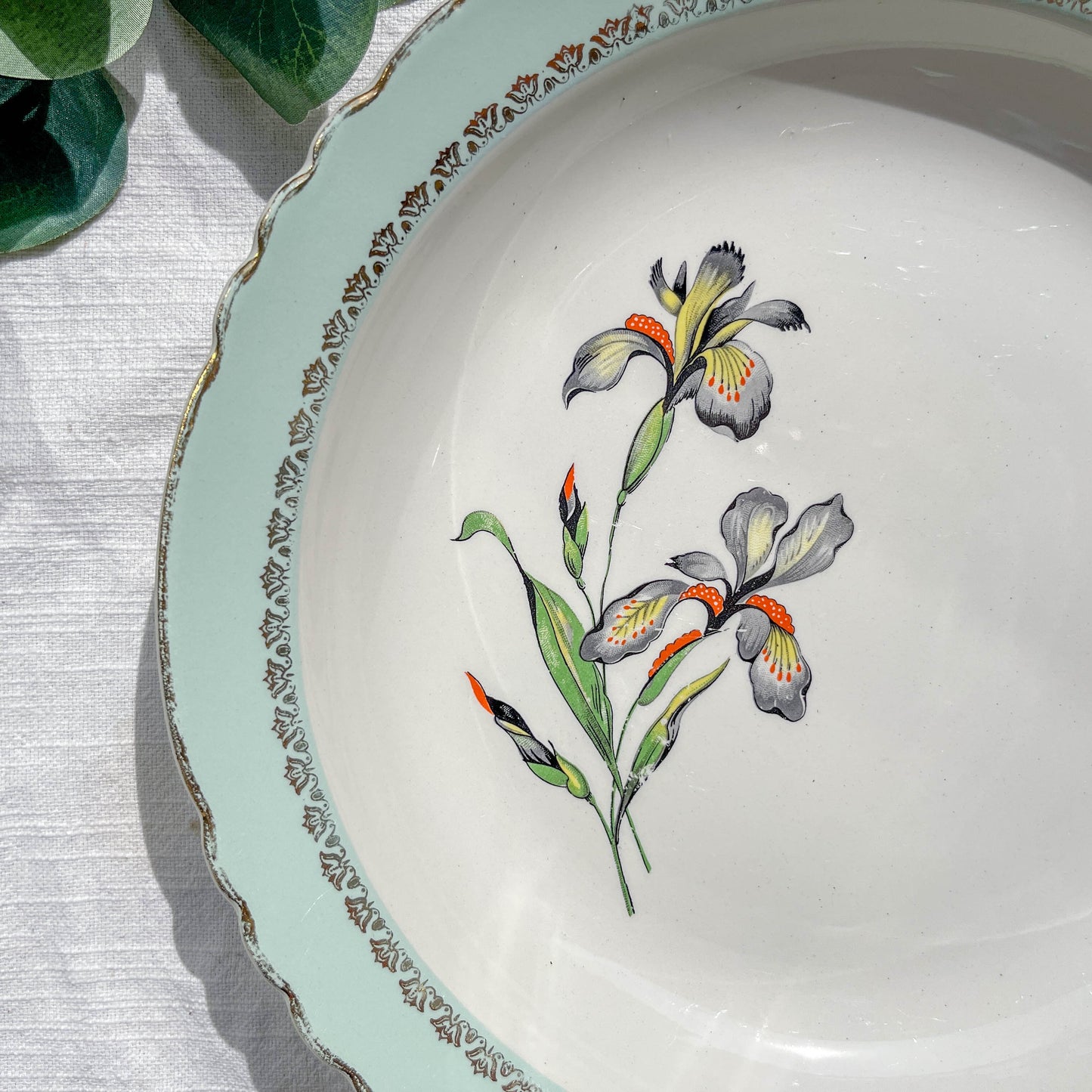 Plat creux en porcelaine vintage blanche verte Iris Moulin des Loups "Sargosse" 1950s