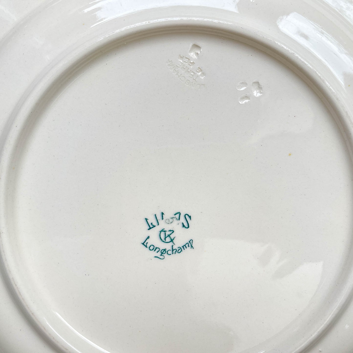 Plat rond ancien en Terre de Fer modèle "Lilas" de la manufacture Longchamp, fin XIXe siècle – Vaisselle vintage française avec décor floral bleu.