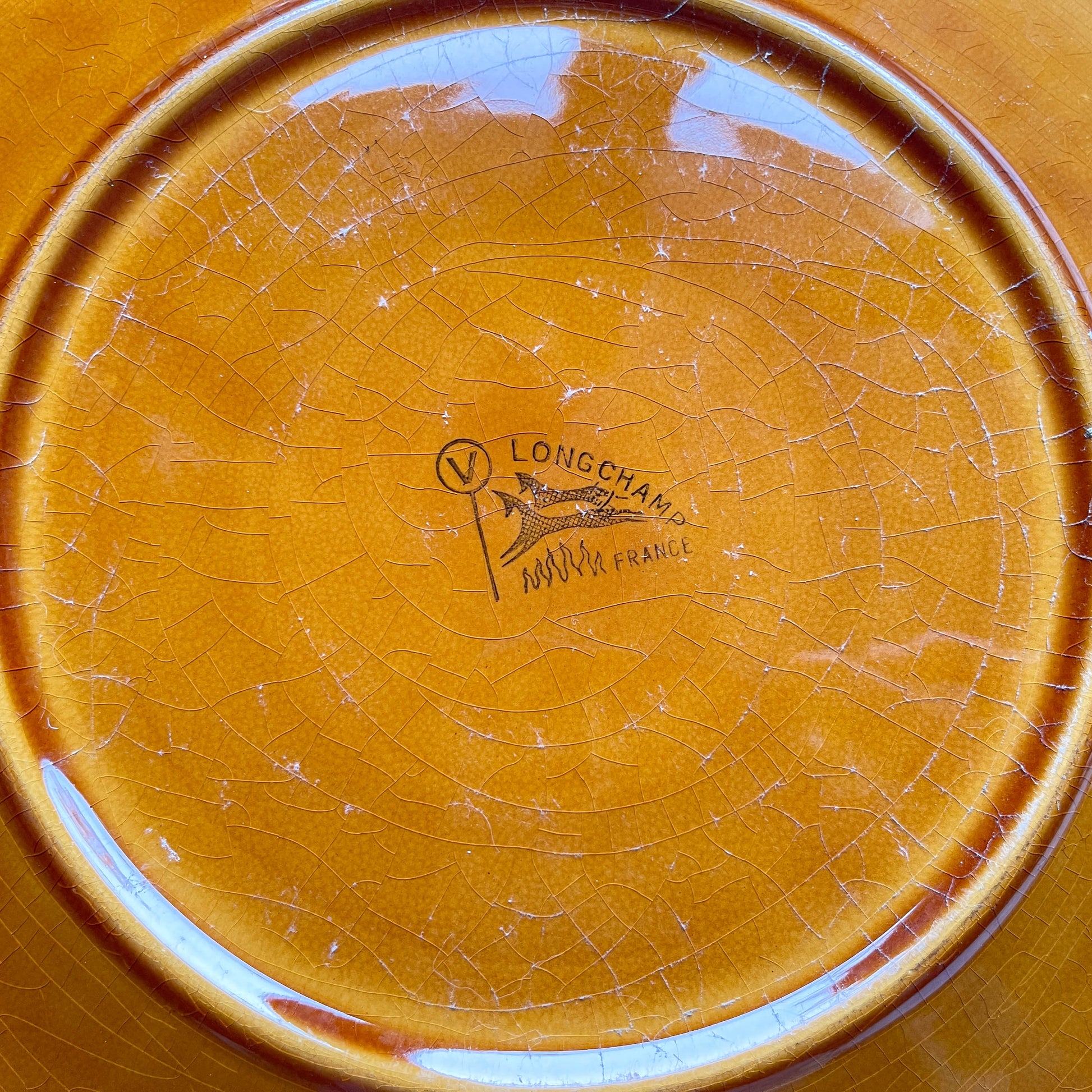 Plat Vintage en faïence couleur ambre Longchamp, France 1970