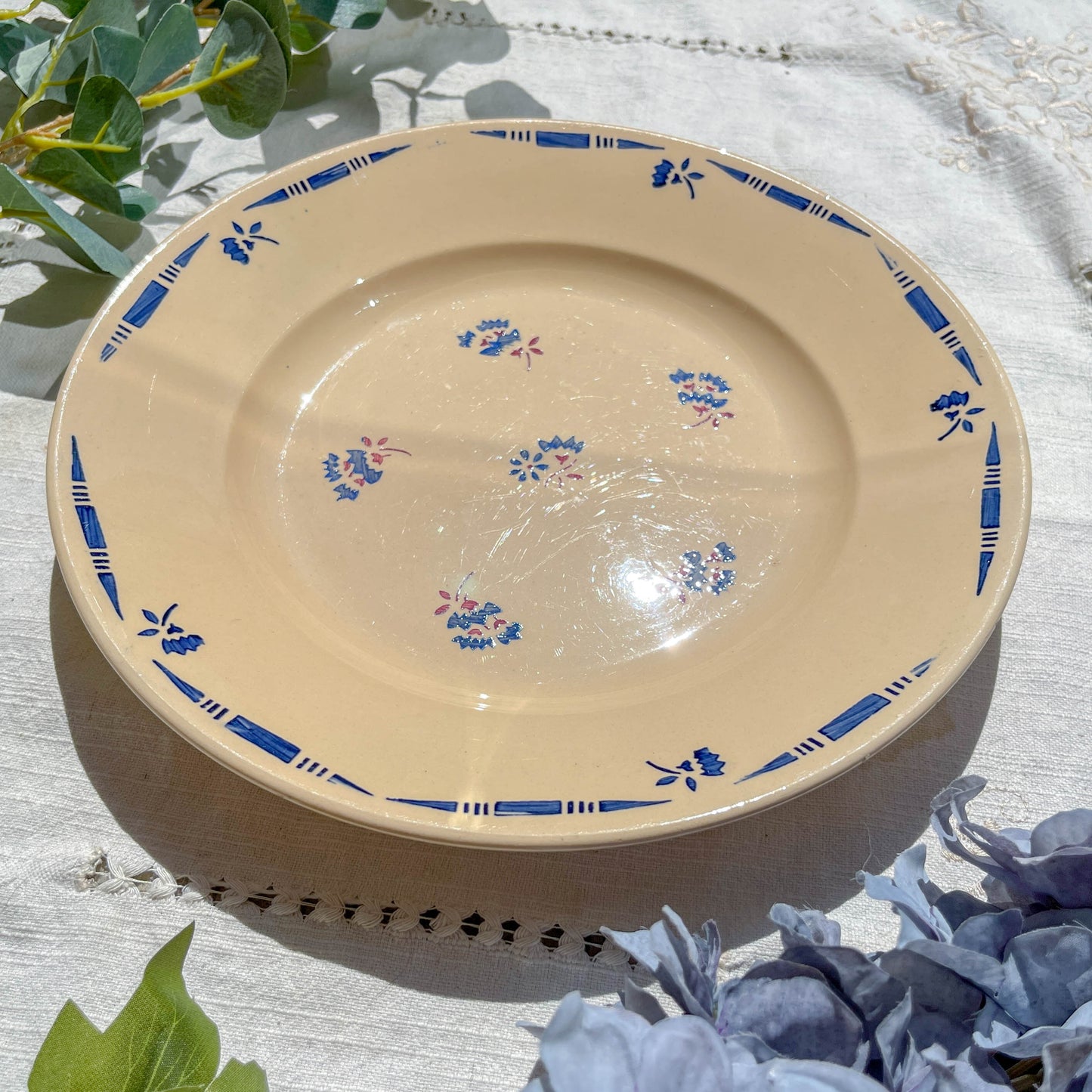 Plat porcelaine vintage K&g Luneville "Flore" 1950s petites fleures bleues