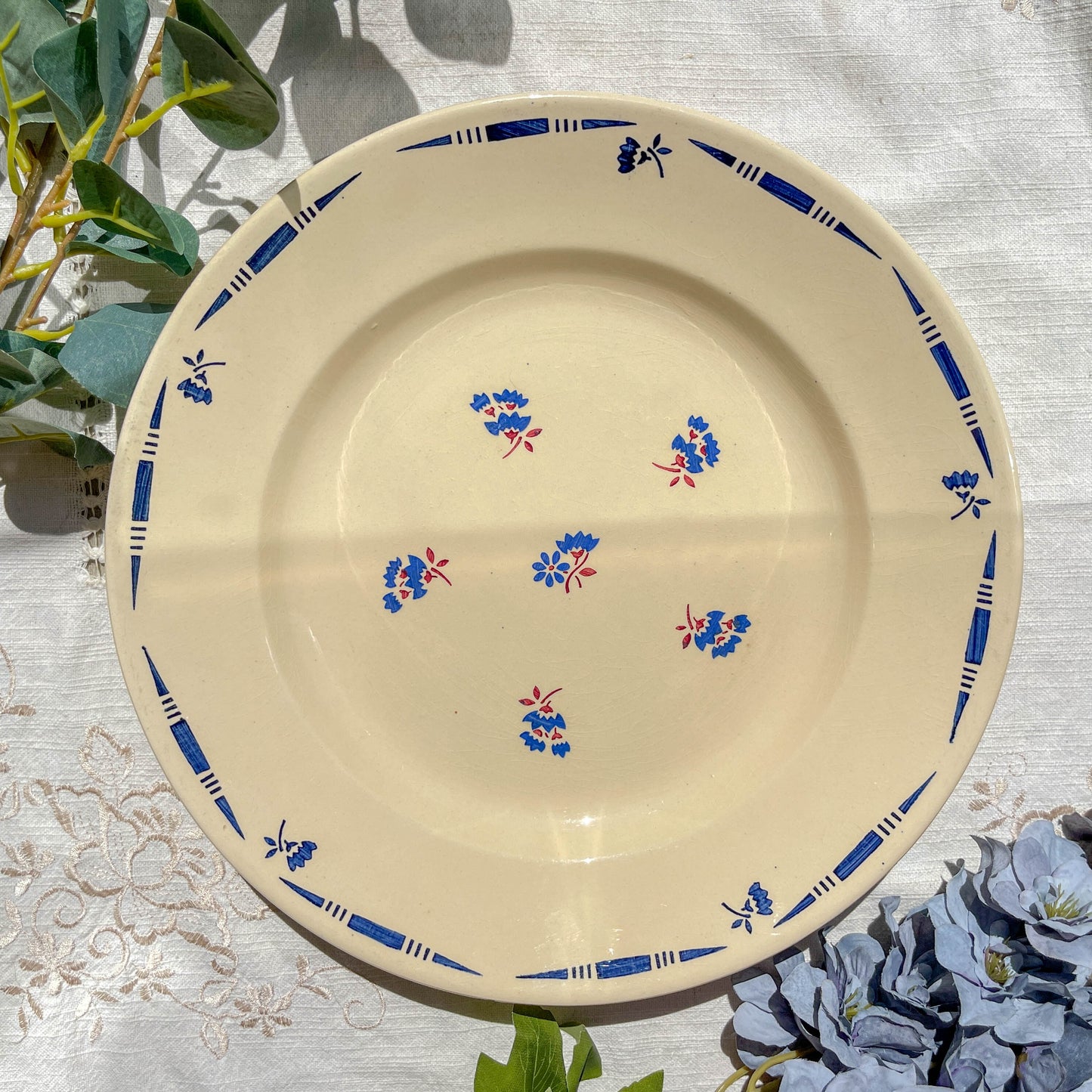Grand Plat porcelaine vintage K&g Luneville "Flore" 1950s petites fleures bleues