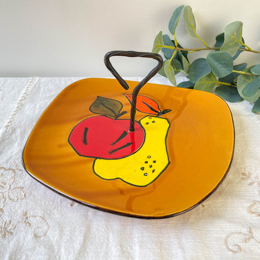 Plateau en céramique vintage avec poignée – Motif fruits style cubique