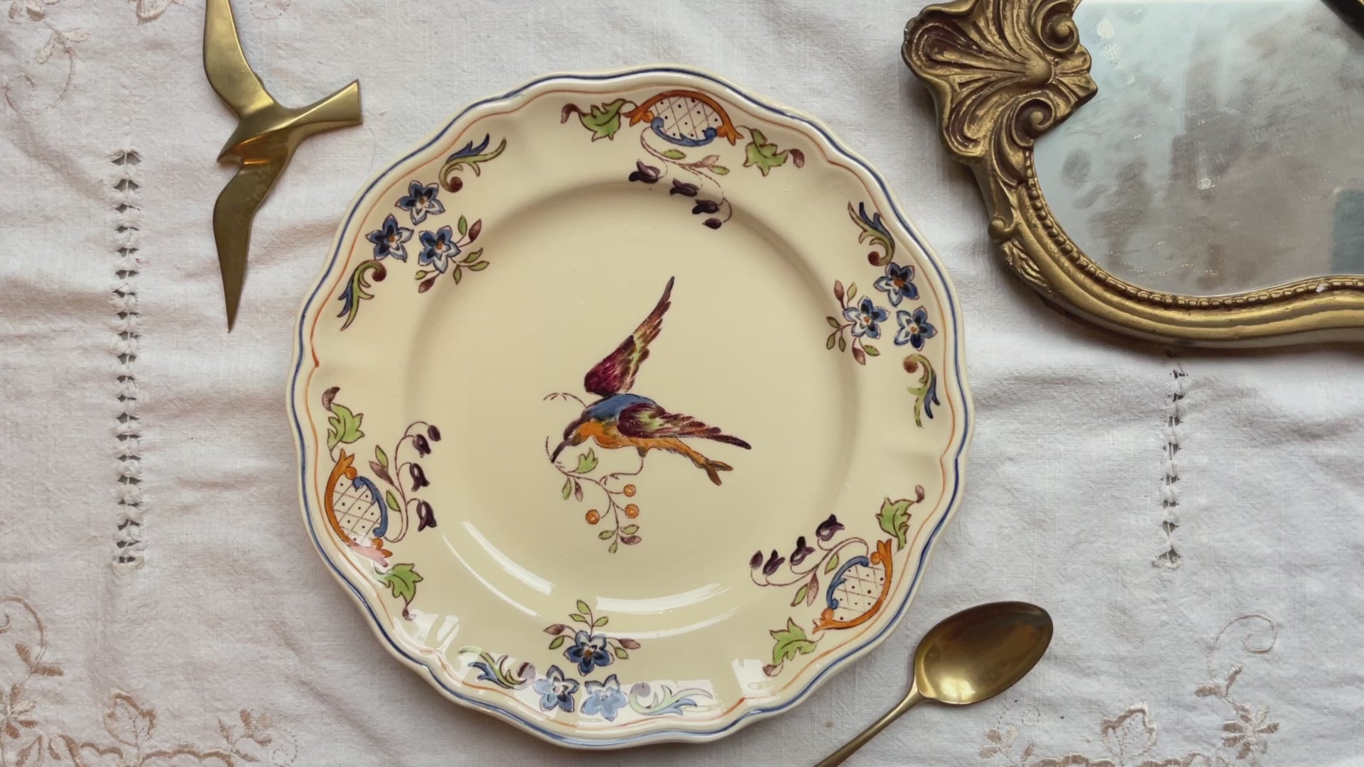Assiette faïence vintage oiseau Cléry LONGCHAMP 1930