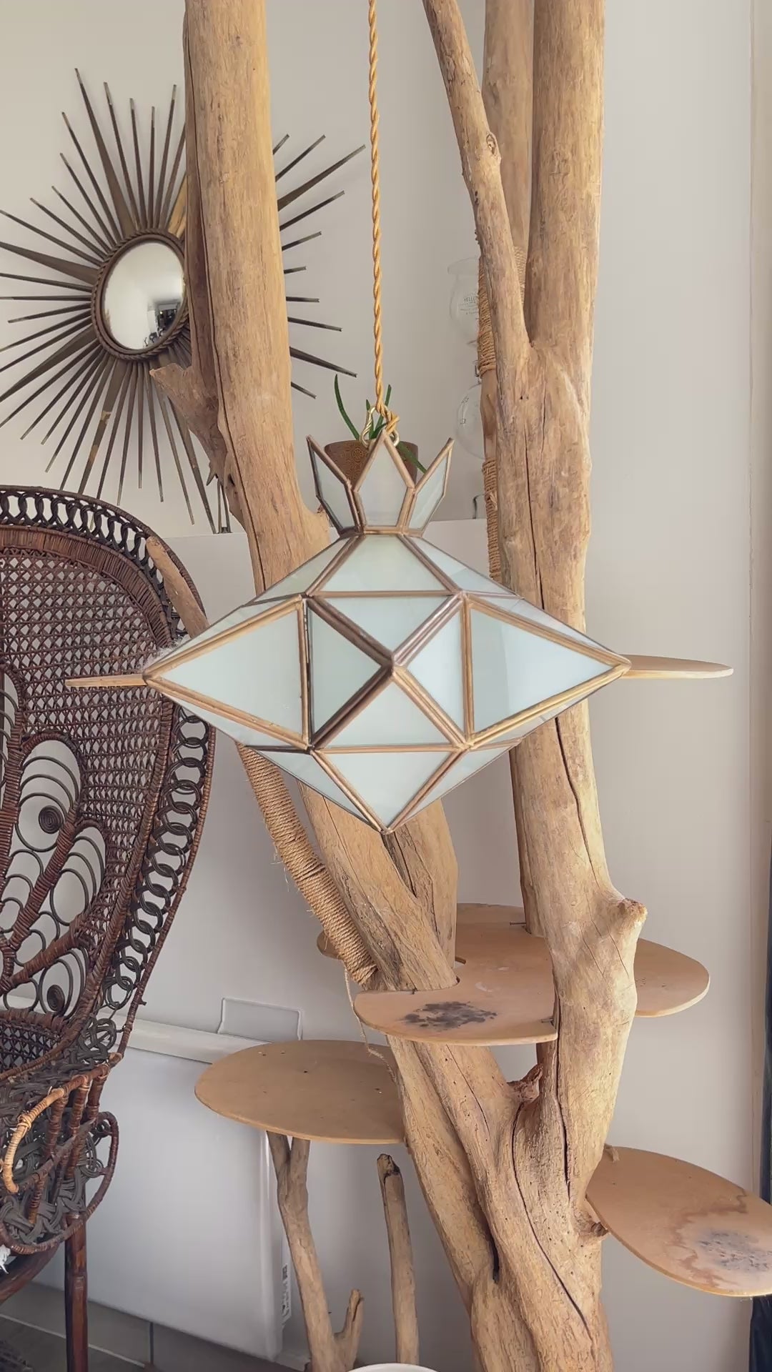 Suspension vintage en verre dépoli et laiton étoile