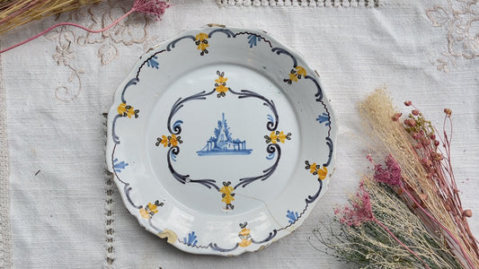 Old French Earthenware Plate 18th Century NEVERS landscape motif