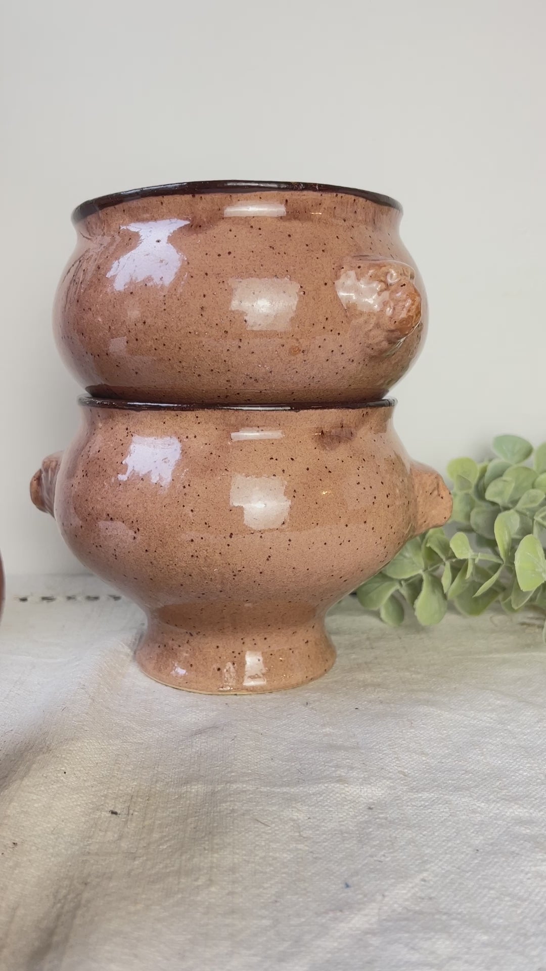 6 Bols à Soupe à l'Oignon Tête de Lion en Céramique Vintage Emile Henry - Beige moucheté , Made in France