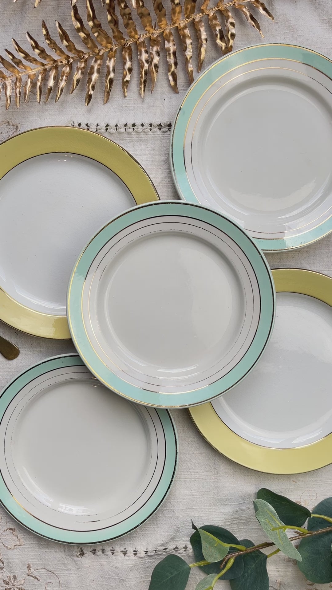 5 Petites assiettes vintage dépareillées jaune et vertes - L Amandinoise et Lunéville - Années 1950