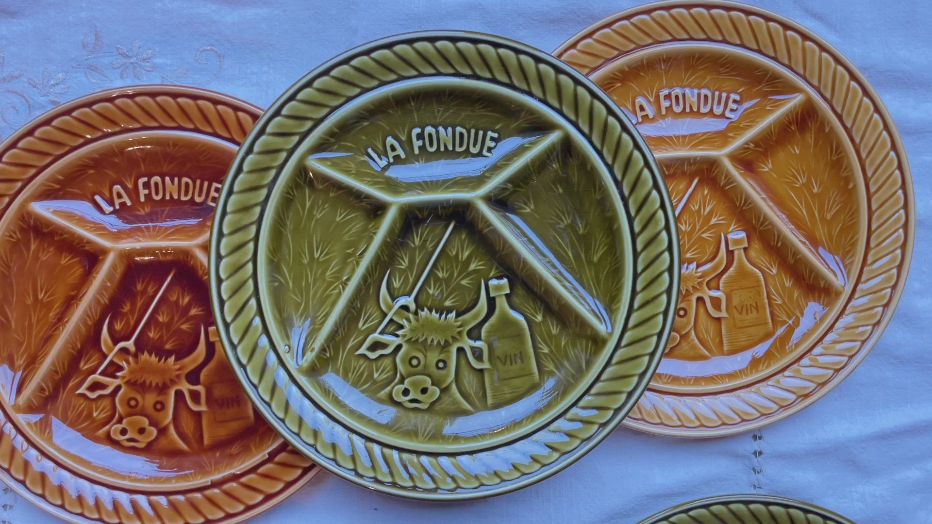 6 Assiettes à fondue vintage en céramique SARREGUEMINES France 1970