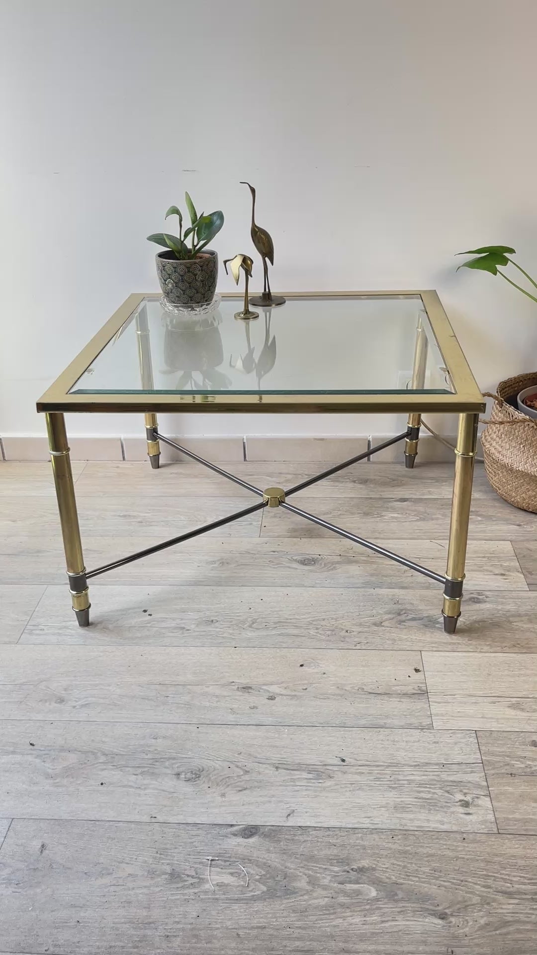 Table Basse Laiton et Verre biseauté carré vintage