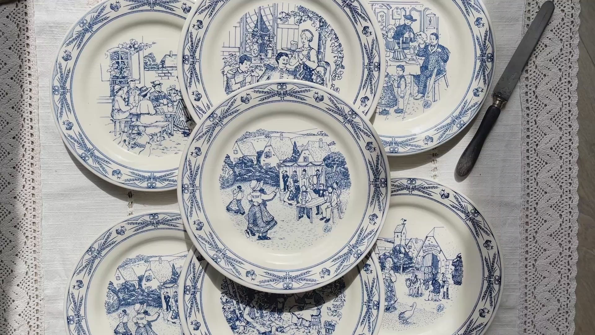 Lot de 7 Assiettes Plates Anciennes Faïence illustrée Gien