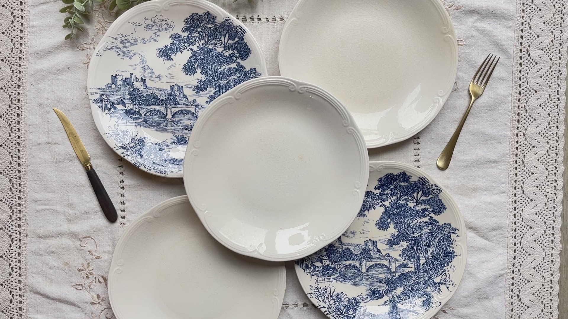 5 Assiettes vintage faïence de GIEN France dépareillées vintage motif bleues