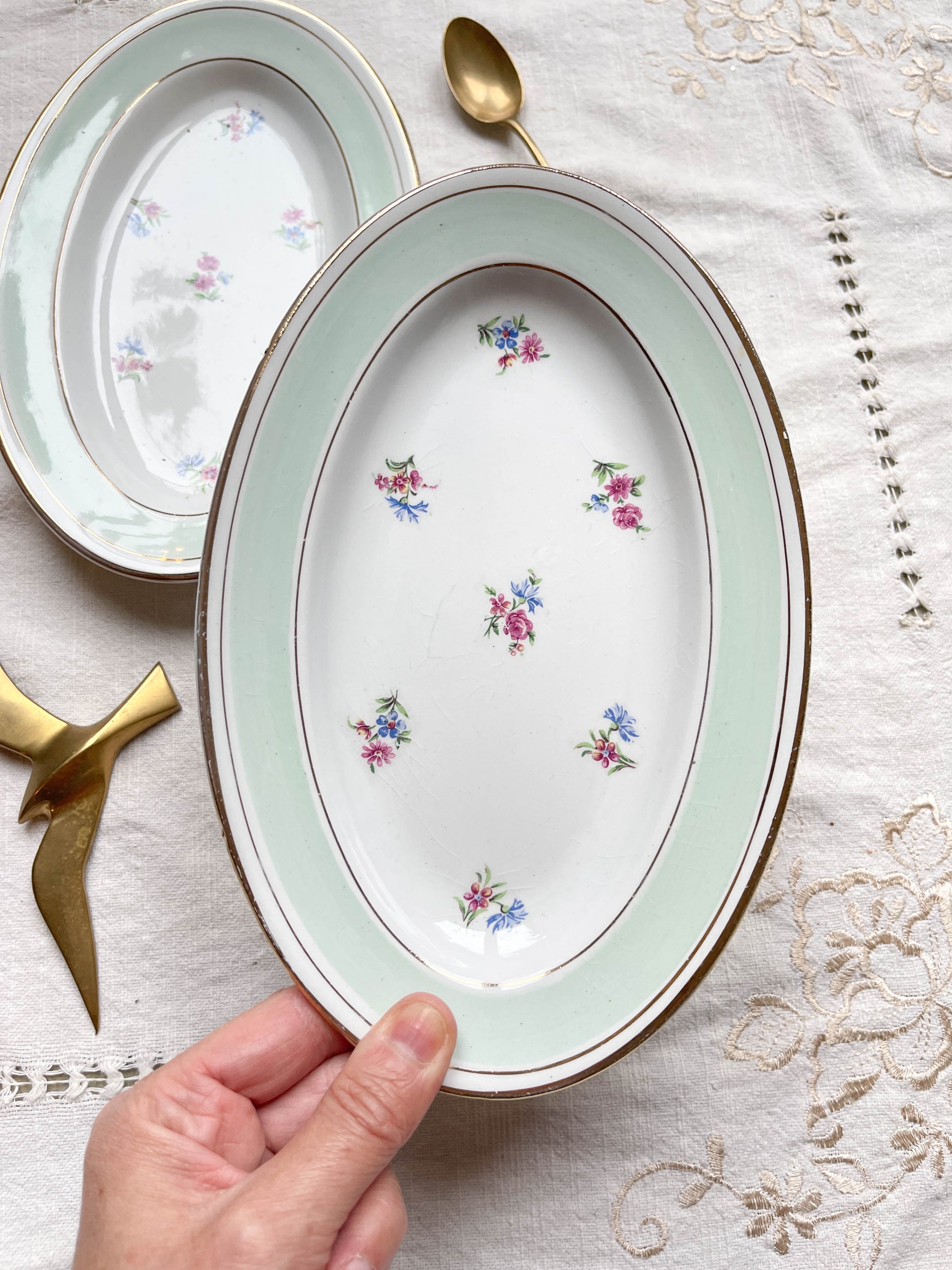 Paire de Raviers porcelaine vintage blanche verte fleurie SALINS 66 de 1950s