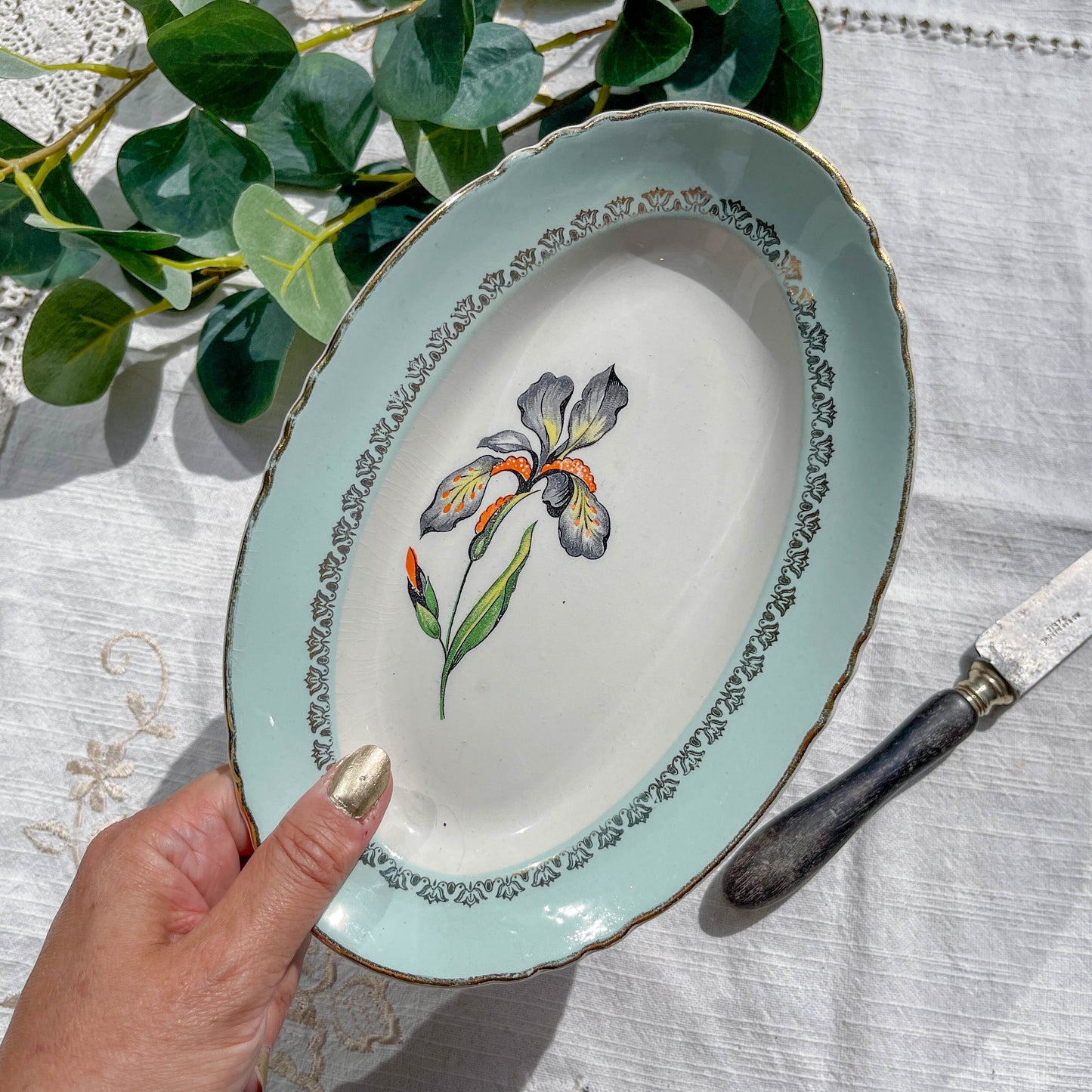 Ravier en porcelaine vintage blanche verte Iris Moulin des Loups "Sargosse" 1950s