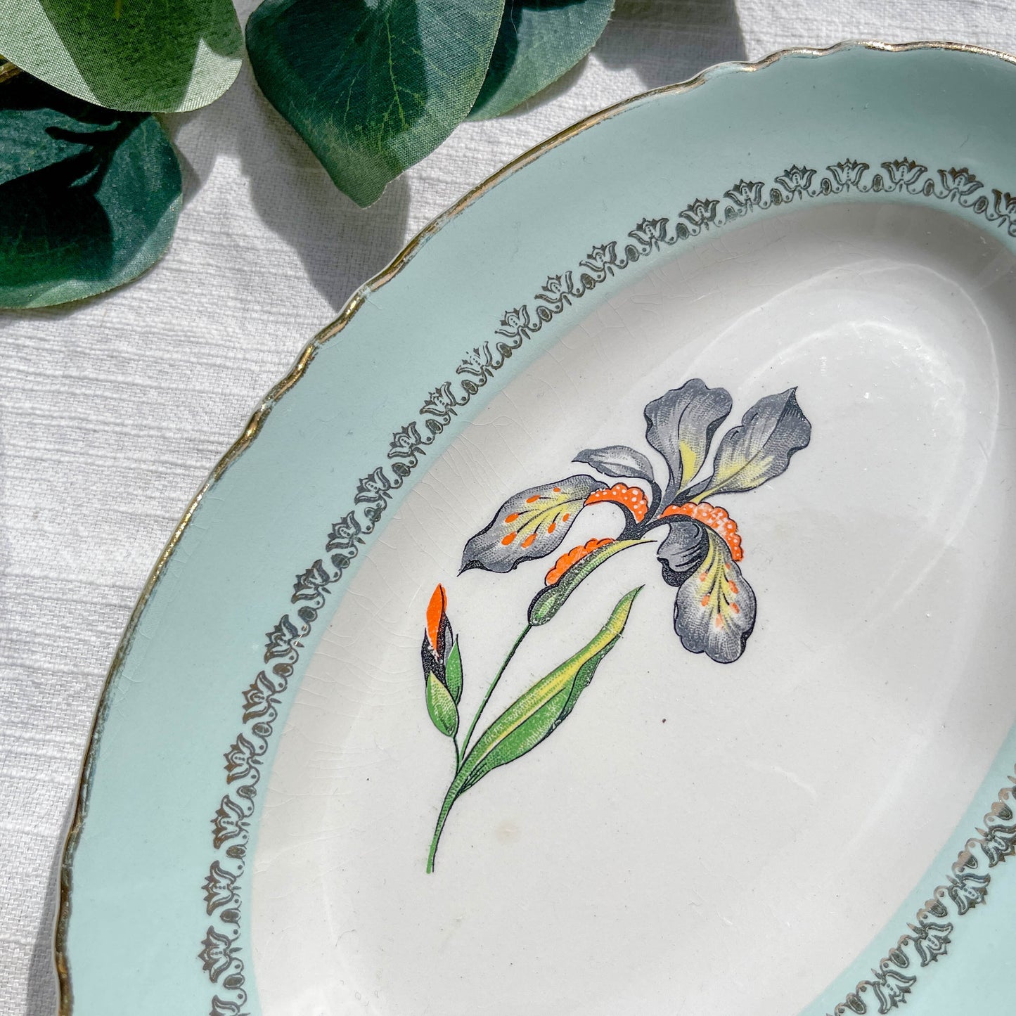 Ravier en porcelaine vintage blanche verte Iris Moulin des Loups "Sargosse" 1950s