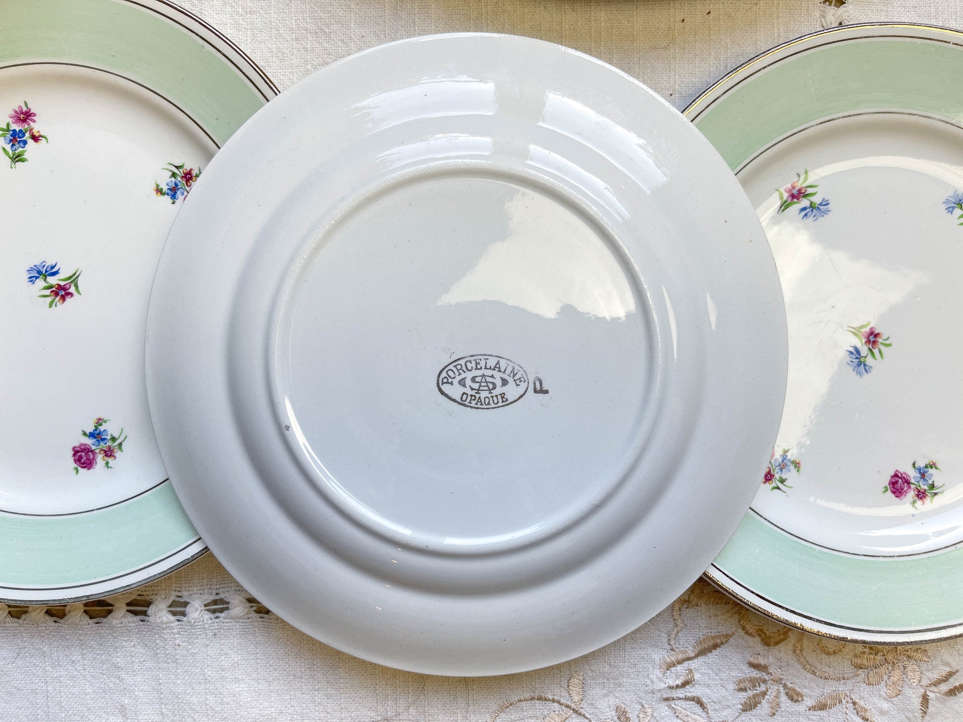 Petites assiettes + Plat porcelaine vintage blanche verte fleurie SALINS 66 de 1950